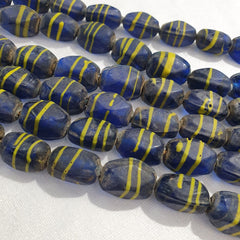Vintage BEAUTIFUL OLD AFRICAN yellow Stripes Blue GLASS ANTIQUE BEADS 20x12MM