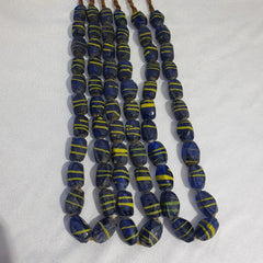 Vintage BEAUTIFUL OLD AFRICAN yellow Stripes Blue GLASS ANTIQUE BEADS 20x12MM