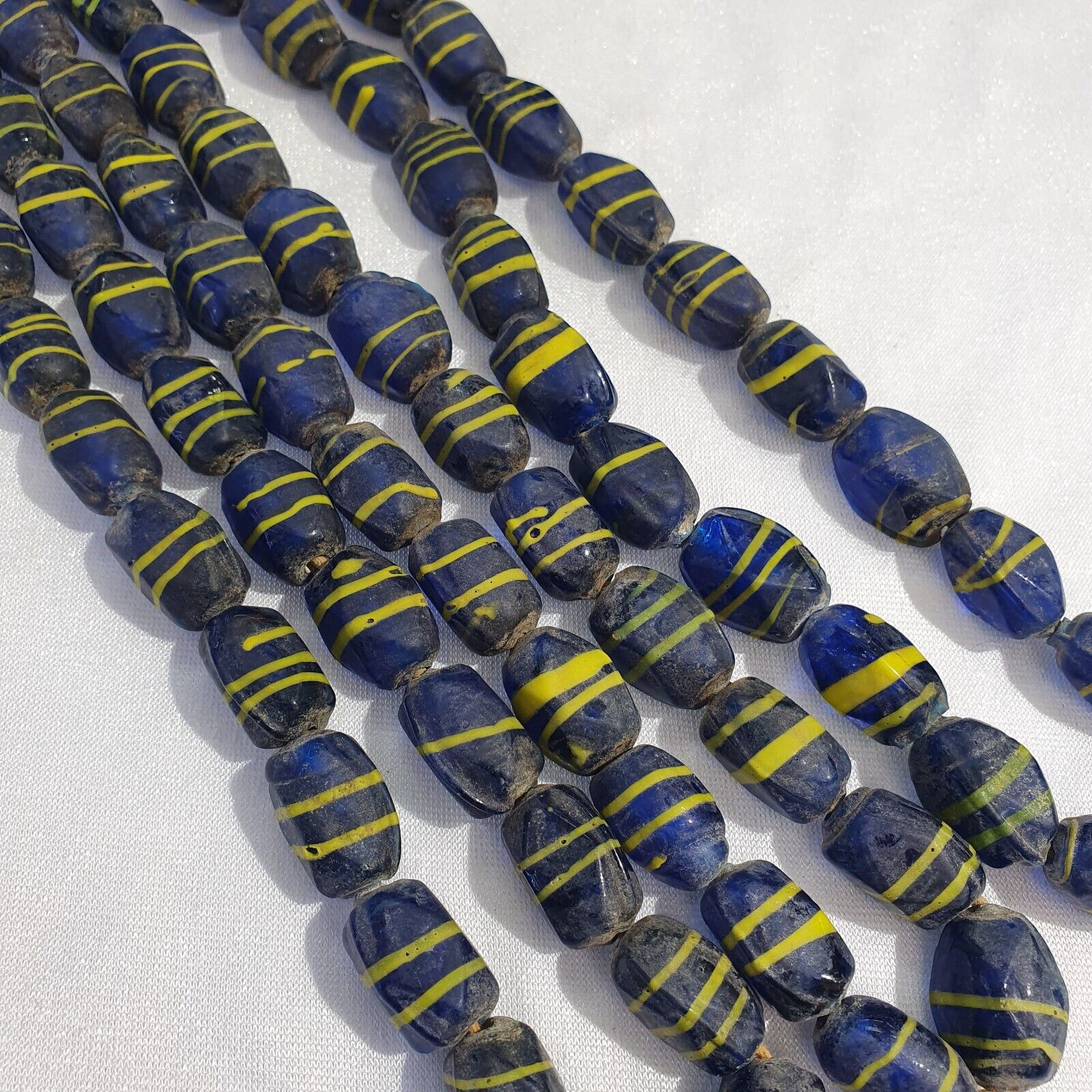 Vintage BEAUTIFUL OLD AFRICAN yellow Stripes Blue GLASS ANTIQUE BEADS 20x12MM