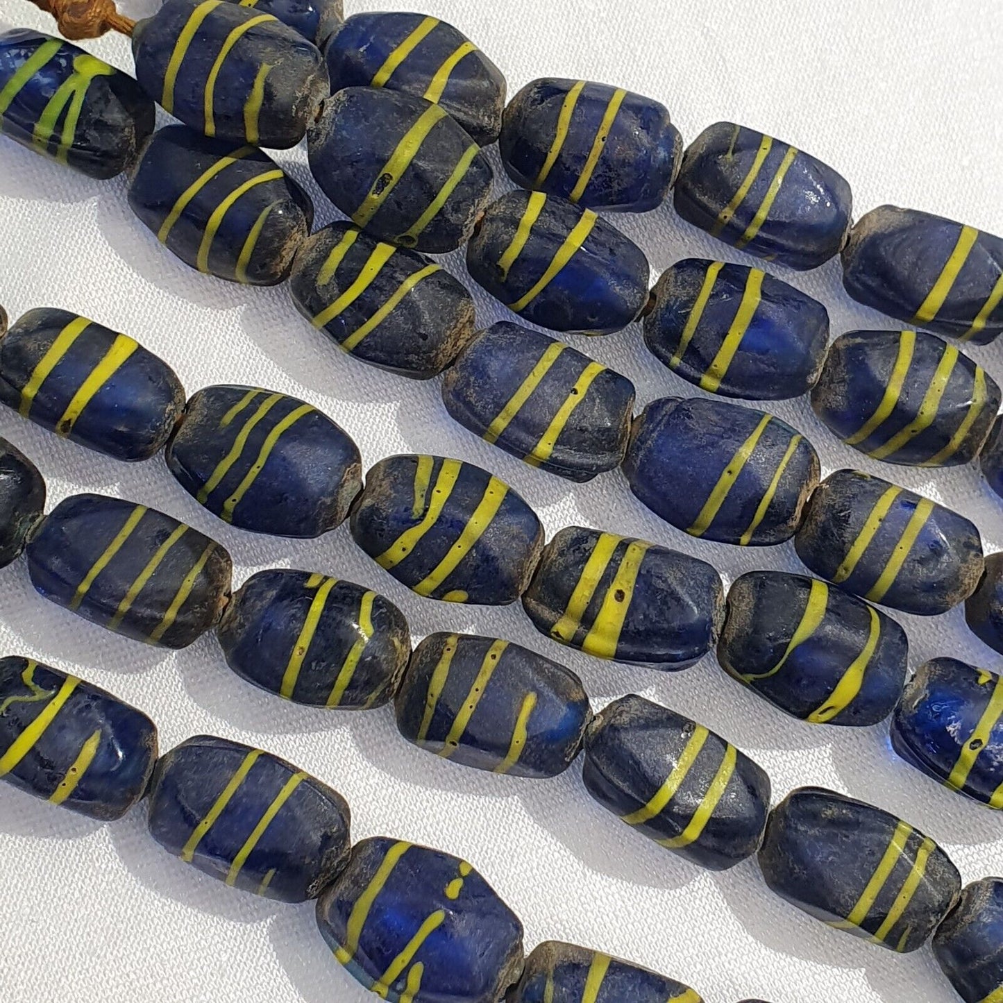 復古美麗老非洲黃色條紋藍色玻璃古董珠 20x12 毫米