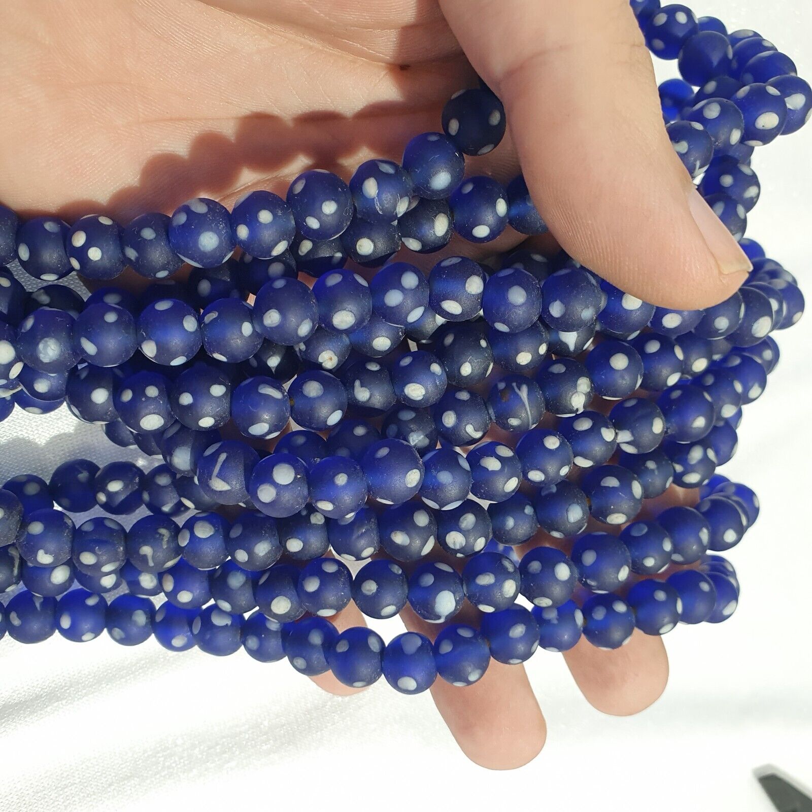 Vintage white Dots Blue GLASS ANTIQUE BEADS 9.5-10MM