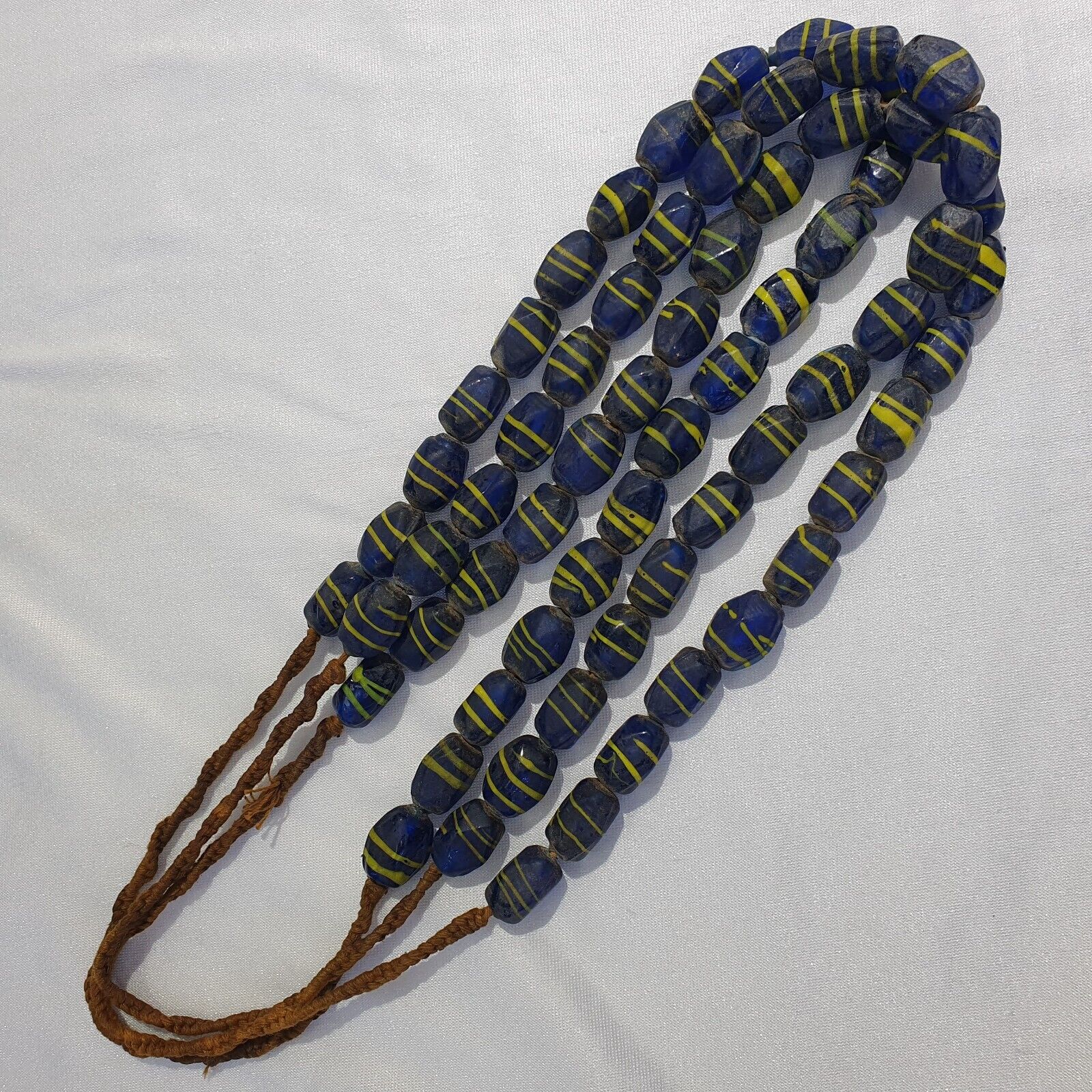Vintage BEAUTIFUL OLD AFRICAN yellow Stripes Blue GLASS ANTIQUE BEADS 20x12MM