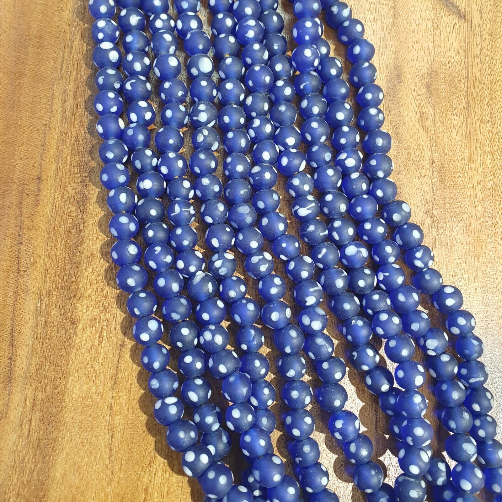 Vintage white Dots Blue GLASS ANTIQUE BEADS 9.5-10MM