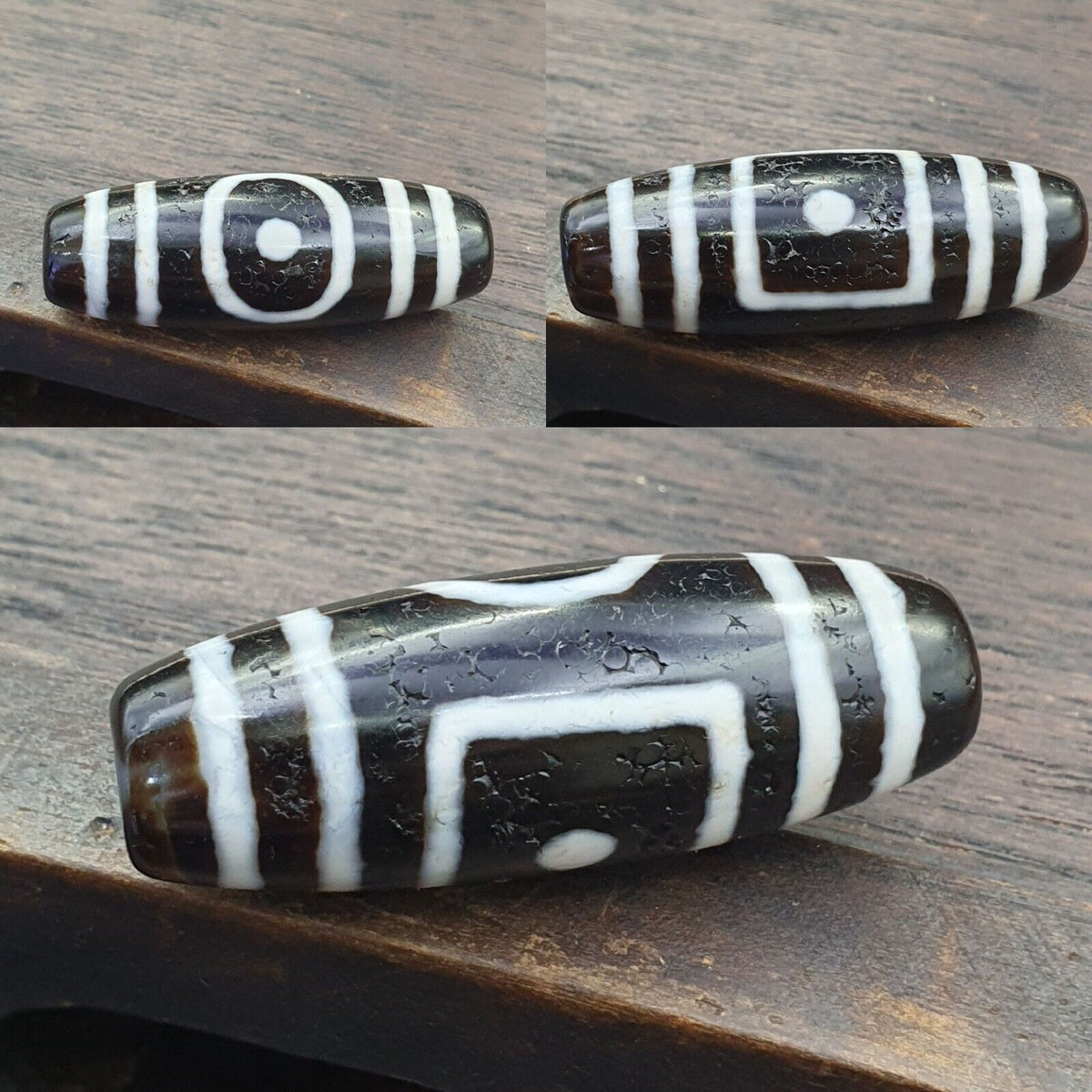 Antique Old Tibetan Circle Square Eyes Agate stone Dzi Bead Amulet