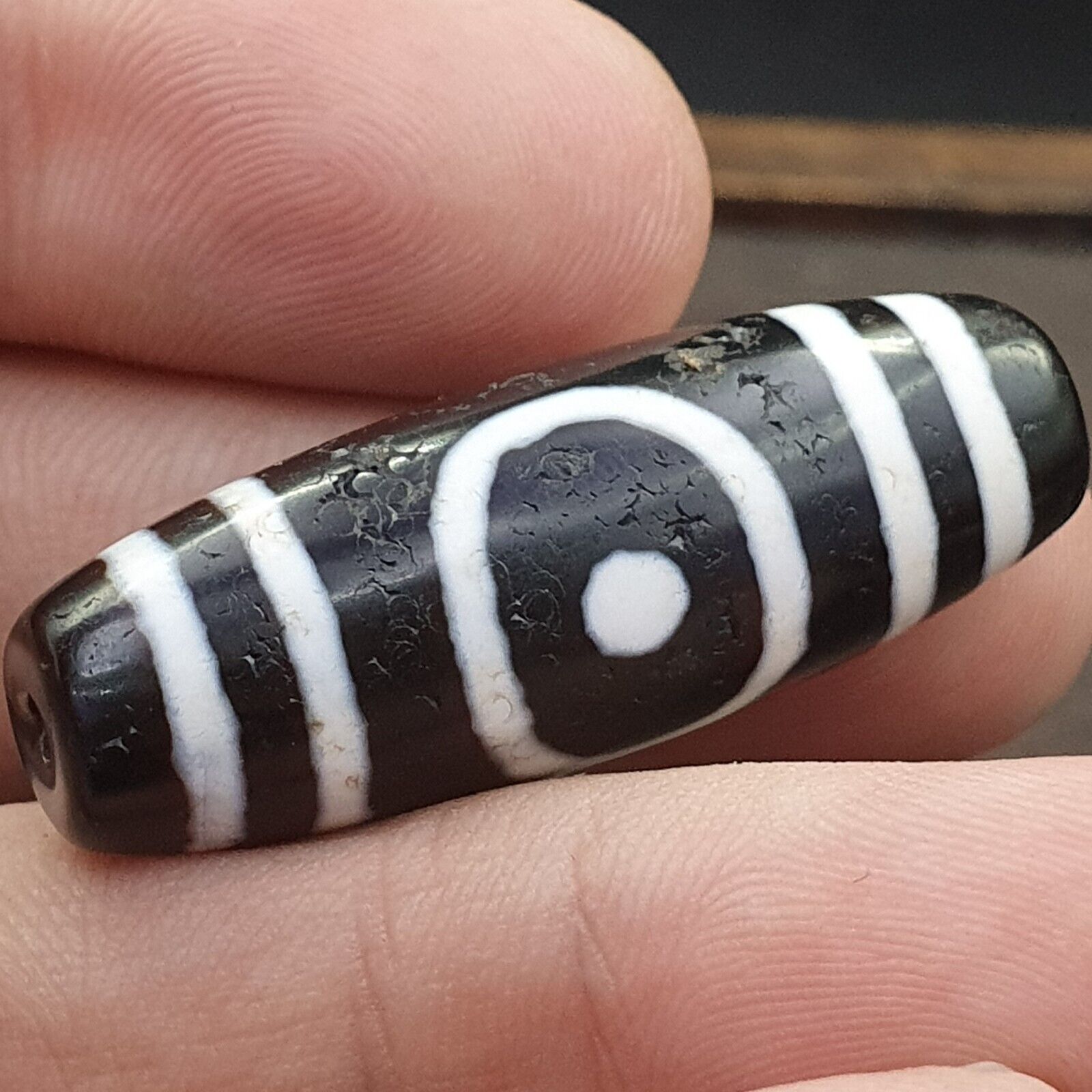 Antique Old Tibetan Circle Square Eyes Agate stone Dzi Bead Amulet