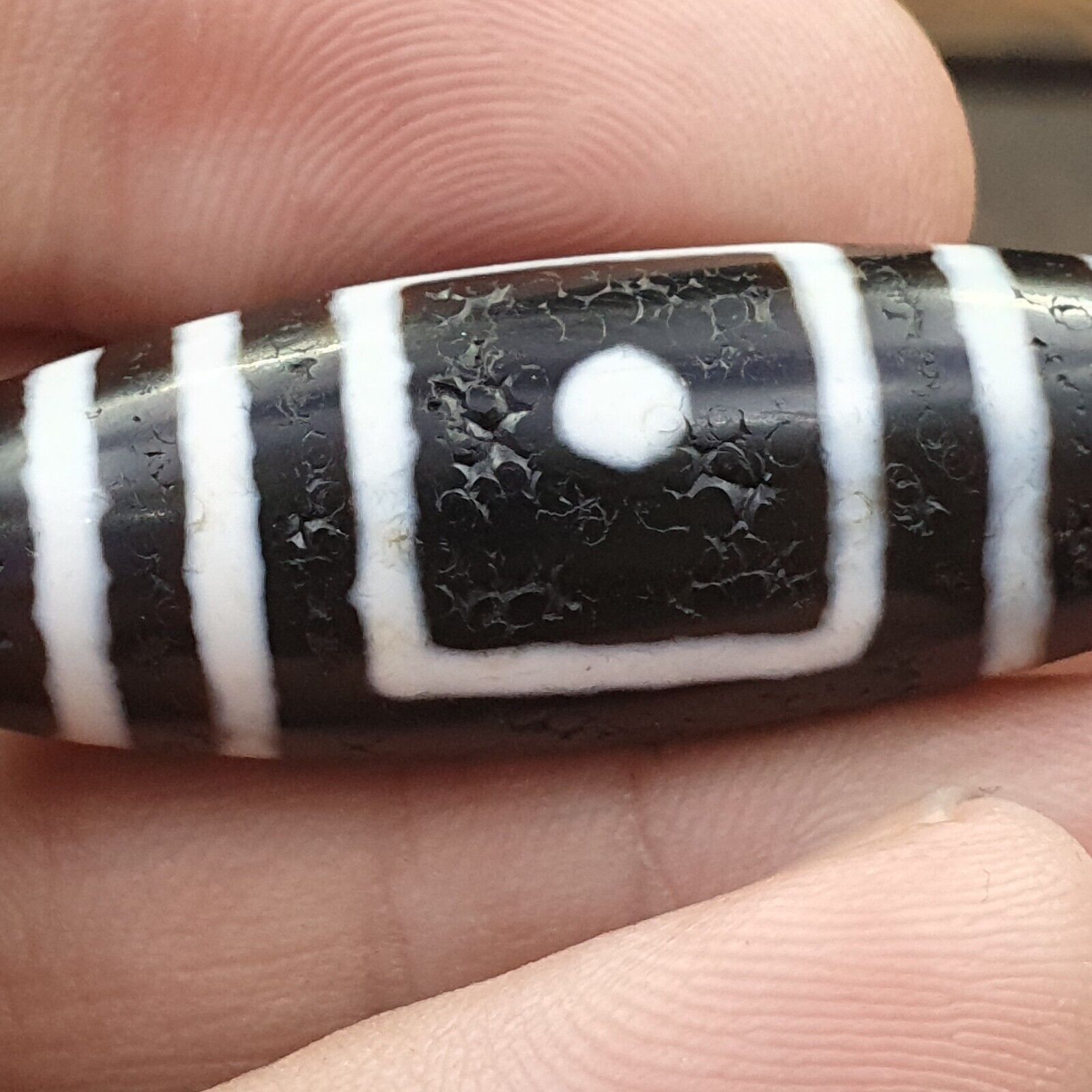 Antique Old Tibetan Circle Square Eyes Agate stone Dzi Bead Amulet