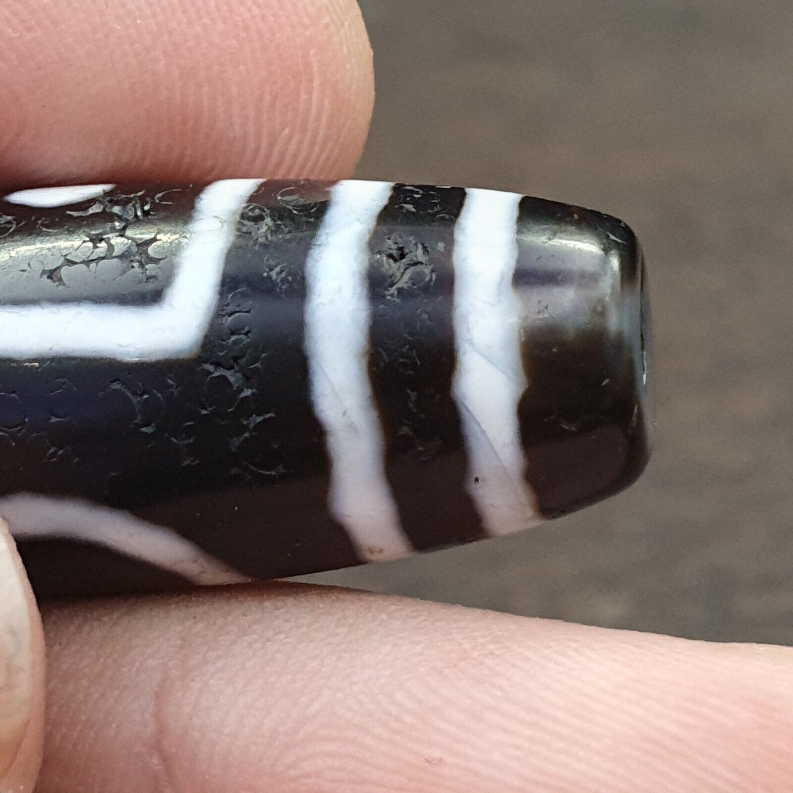 Antique Old Tibetan Circle Square Eyes Agate stone Dzi Bead Amulet