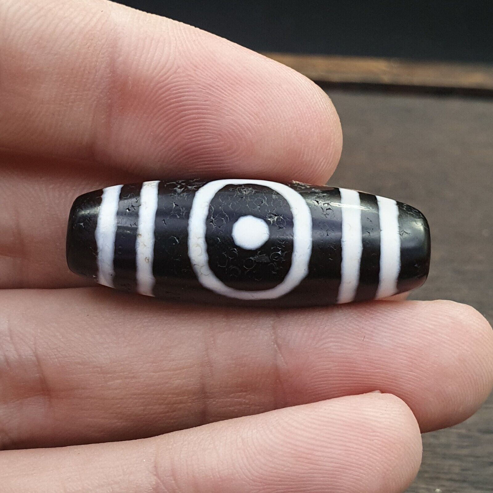 Antique Old Tibetan Circle Square Eyes Agate stone Dzi Bead Amulet