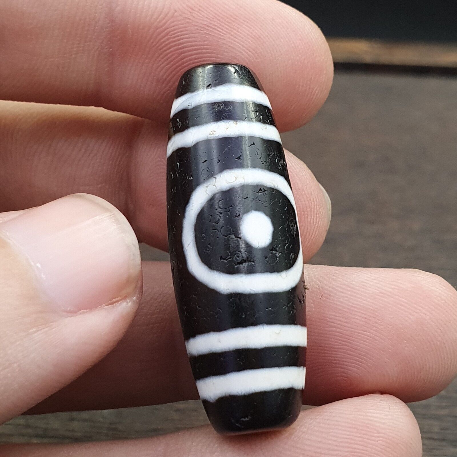 Antique Old Tibetan Circle Square Eyes Agate stone Dzi Bead Amulet