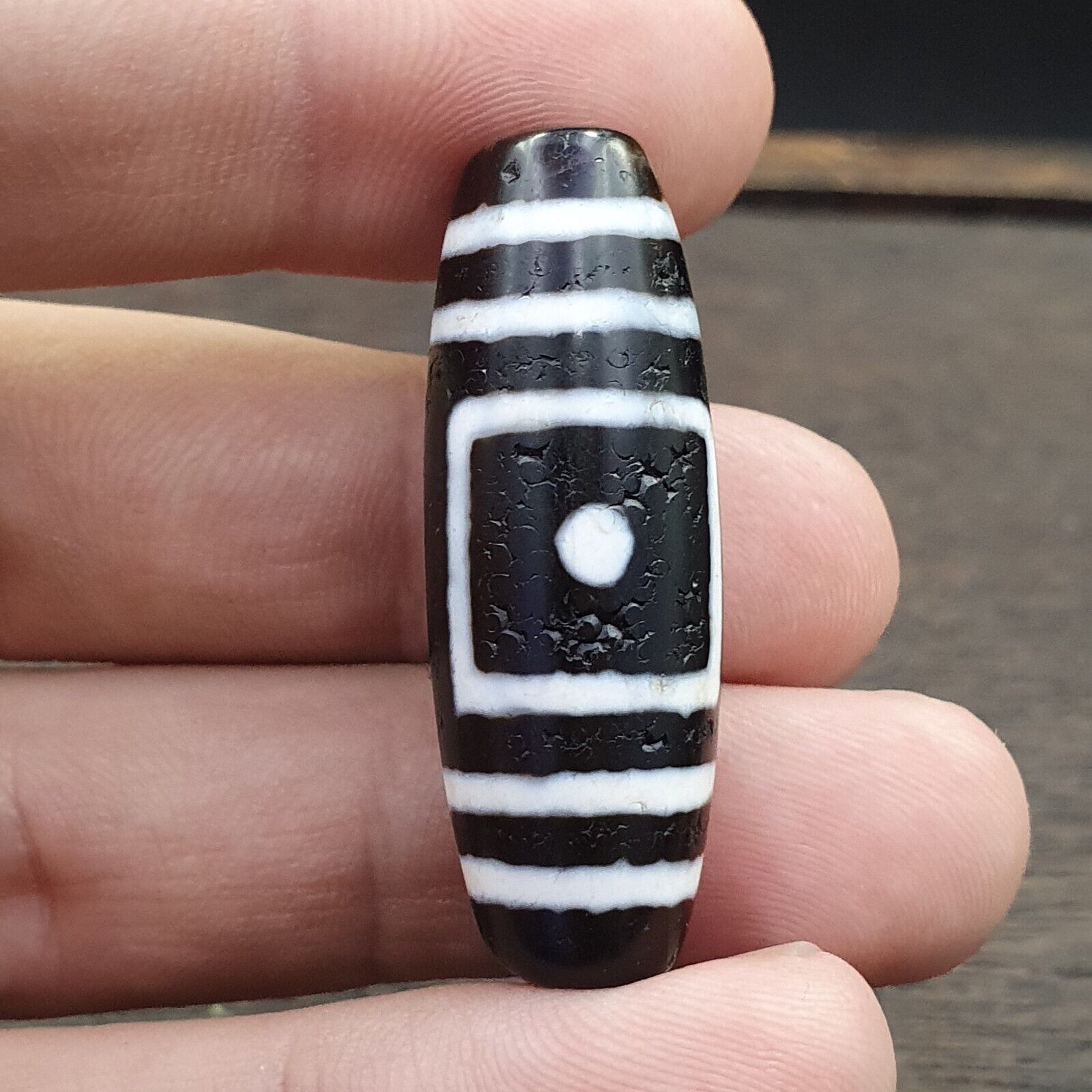 Antique Old Tibetan Circle Square Eyes Agate stone Dzi Bead Amulet