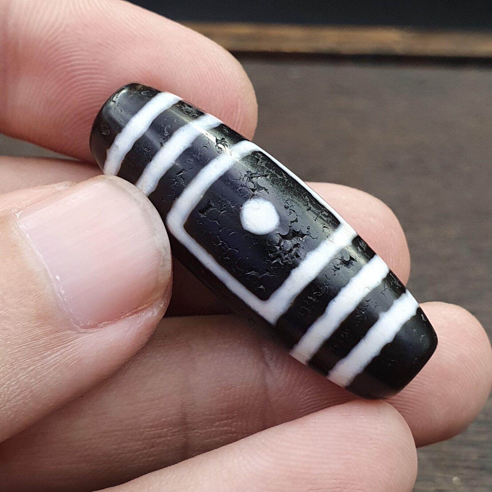 Antique Old Tibetan Circle Square Eyes Agate stone Dzi Bead Amulet