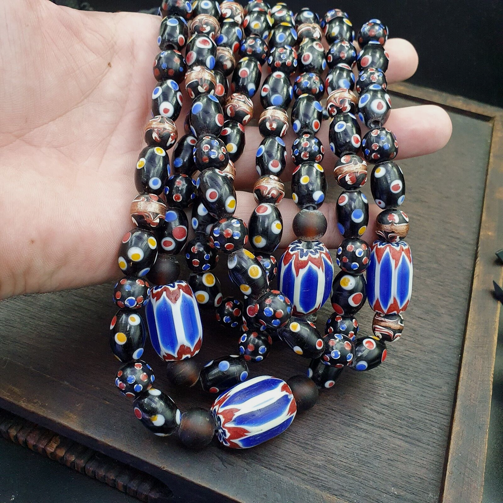 Venetian Style beads Old Chevron Skunk Dotted eyes Glass Beads Long Strand