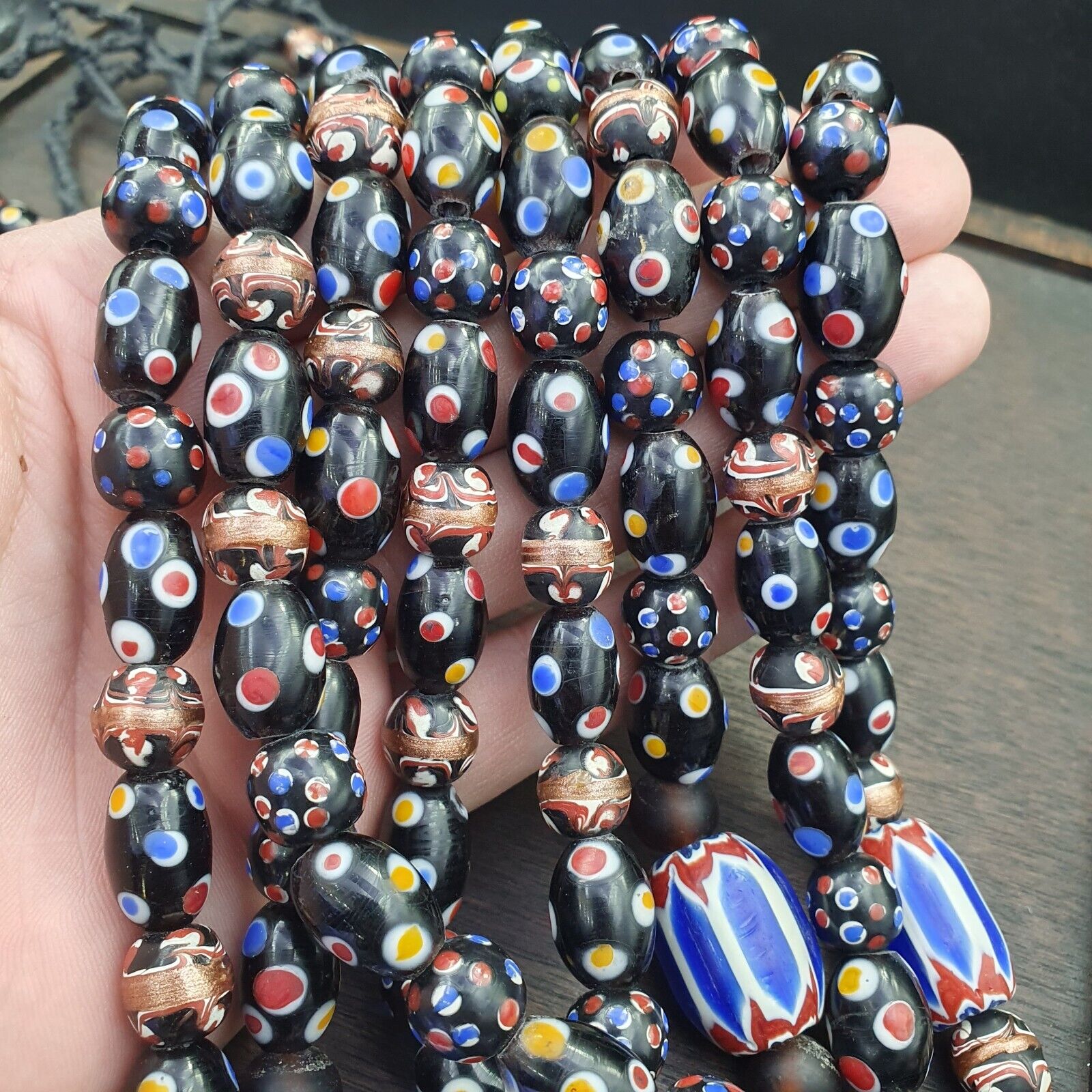 Venetian Style beads Old Chevron Skunk Dotted eyes Glass Beads Long Strand