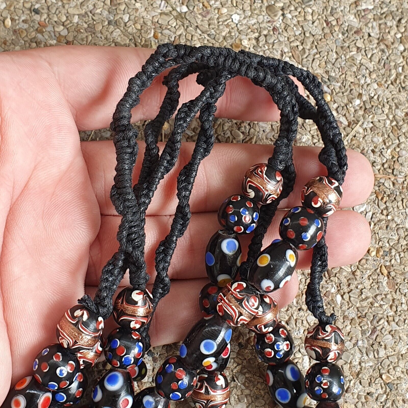Venetian Style beads Old Chevron Skunk Dotted eyes Glass Beads Long Strand
