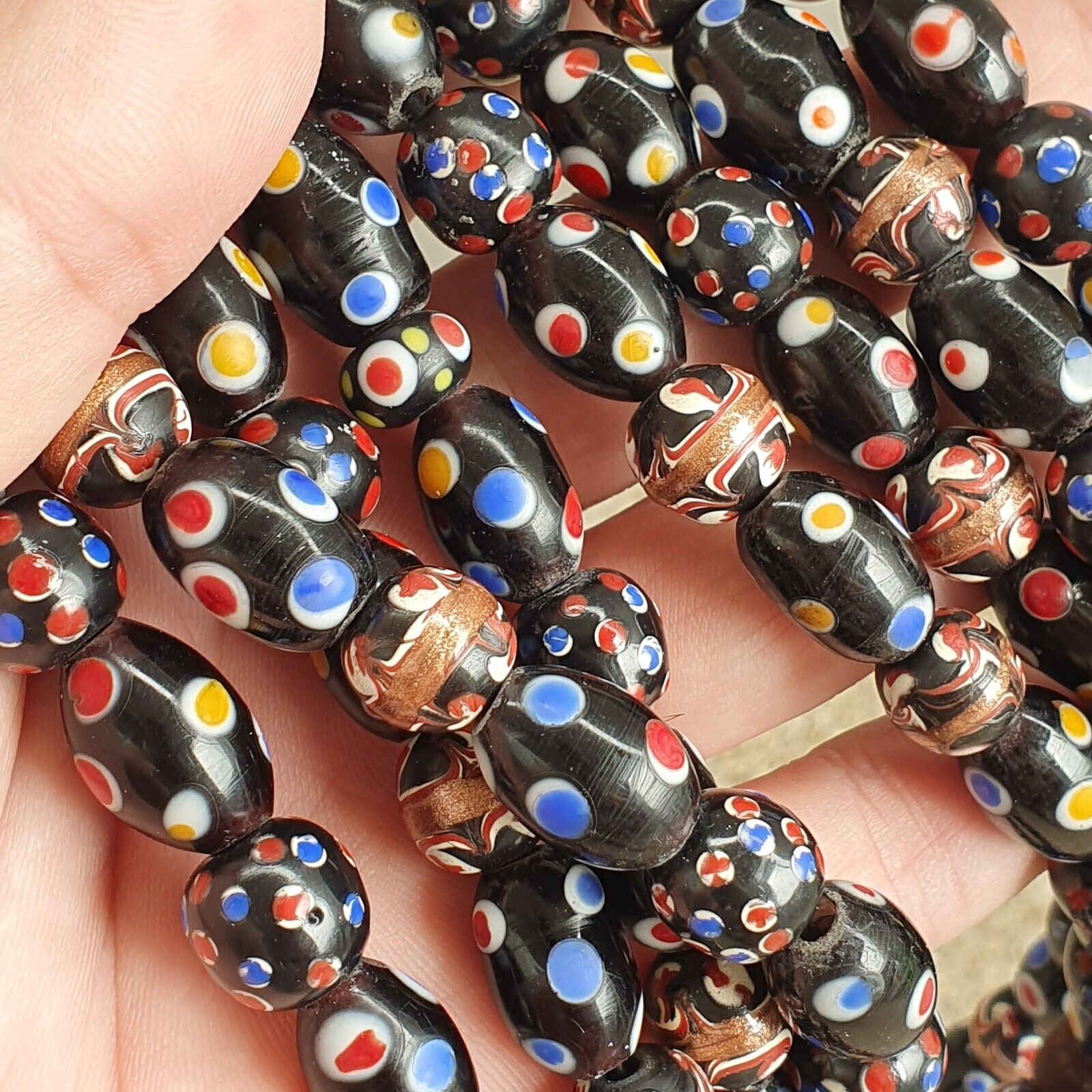 Venetian Style beads Old Chevron Skunk Dotted eyes Glass Beads Long Strand