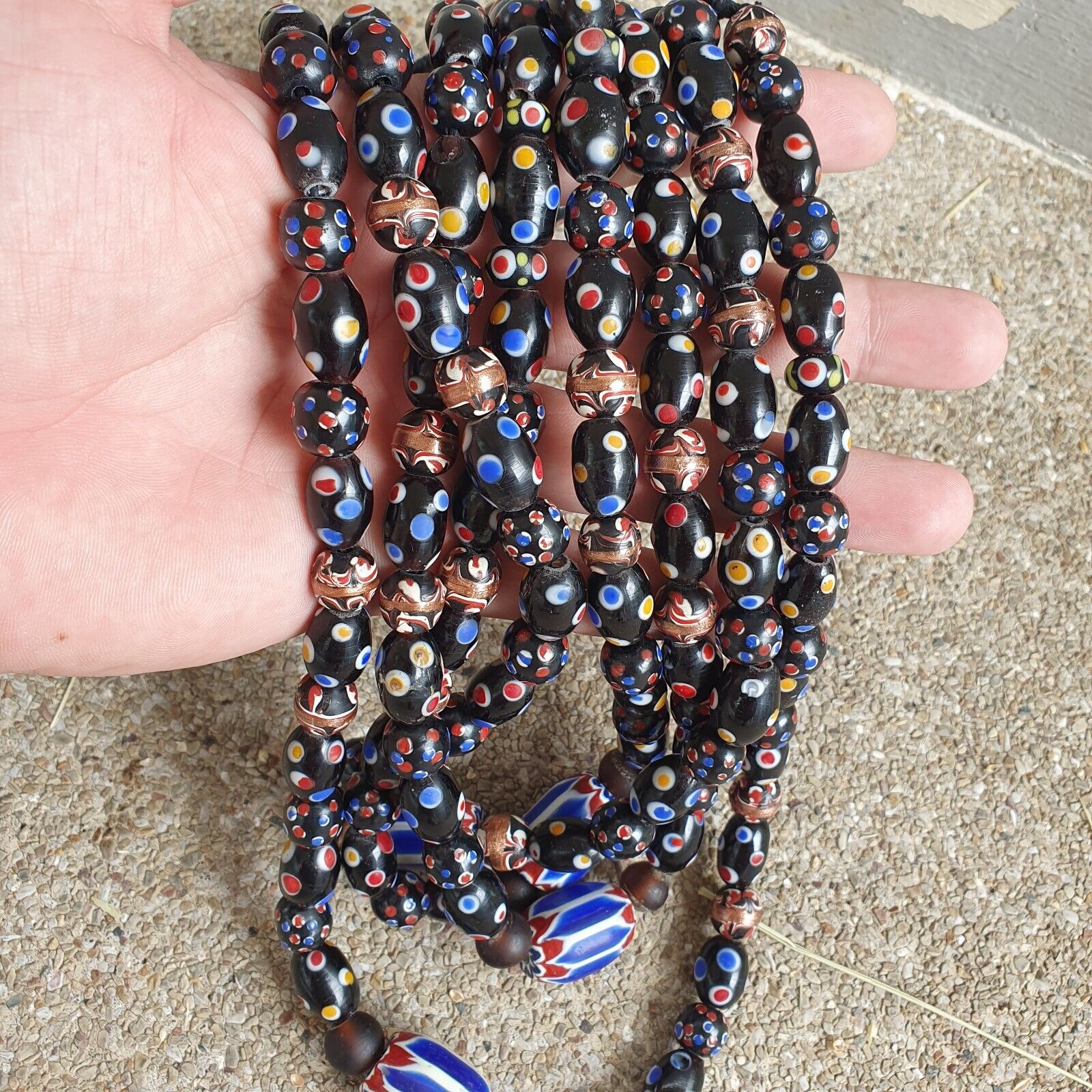 Venetian Style beads Old Chevron Skunk Dotted eyes Glass Beads Long Strand