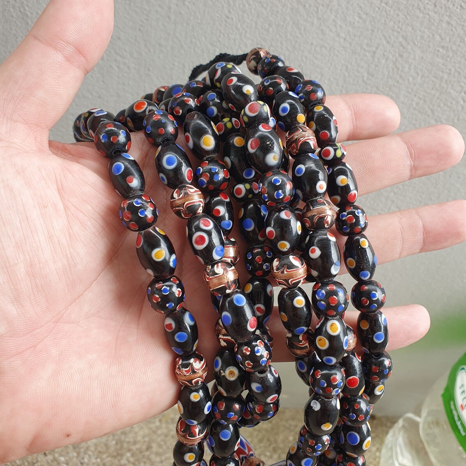 Venetian Style beads Old Chevron Skunk Dotted eyes Glass Beads Long Strand