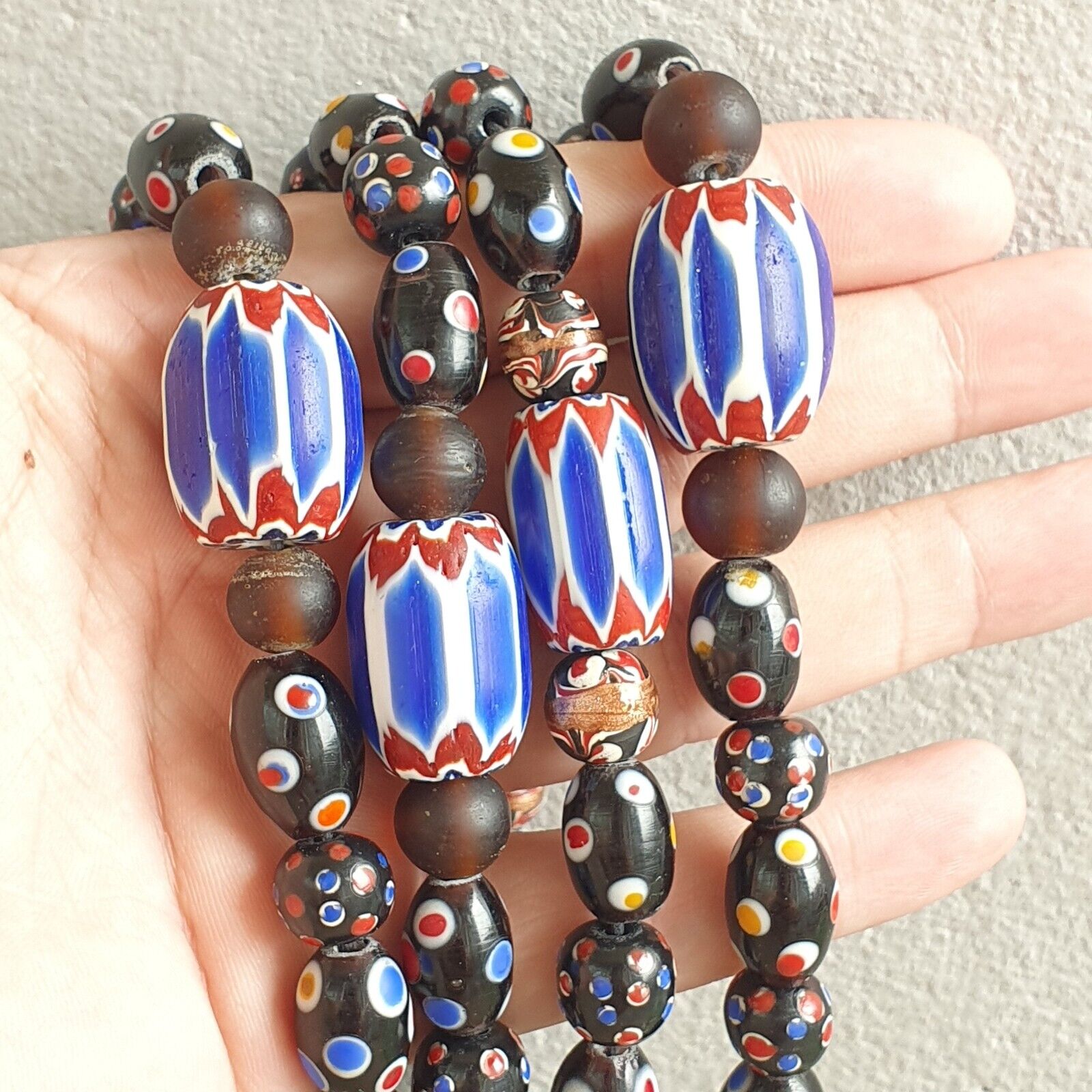 Venetian Style beads Old Chevron Skunk Dotted eyes Glass Beads Long Strand