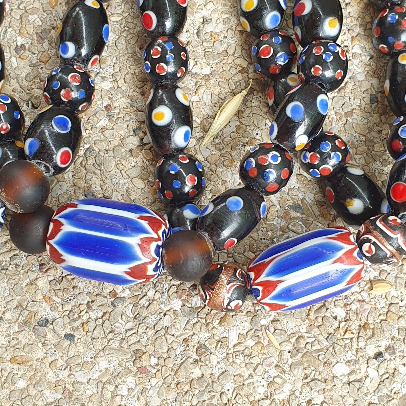 Venetian Style beads Old Chevron Skunk Dotted eyes Glass Beads Long Strand
