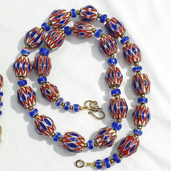 Very Unique Vintage Venetian Style Old Blue Chevron Glass Beads Long Strand