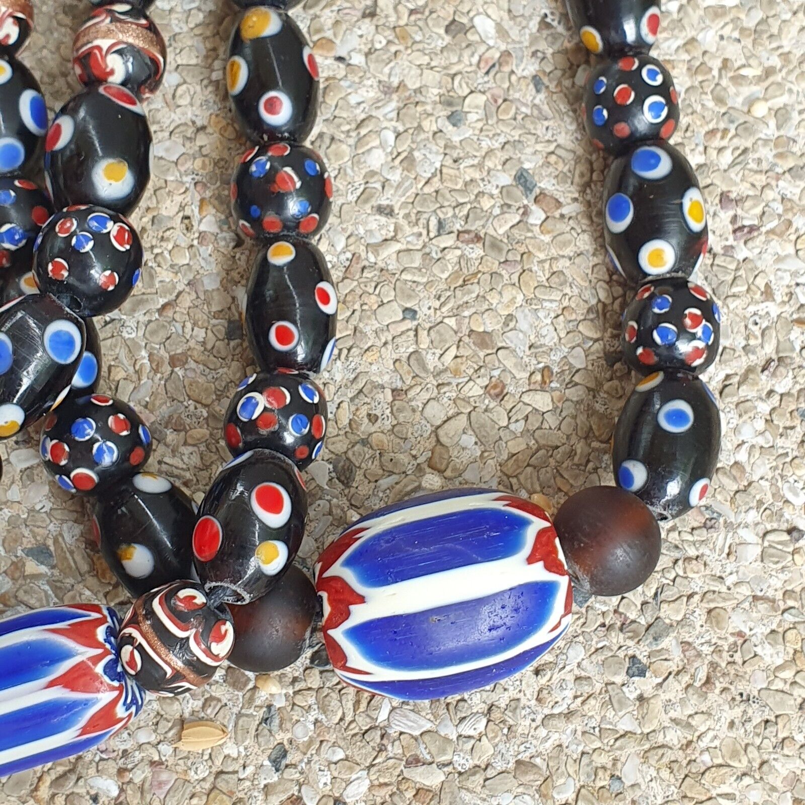 Venetian Style beads Old Chevron Skunk Dotted eyes Glass Beads Long Strand