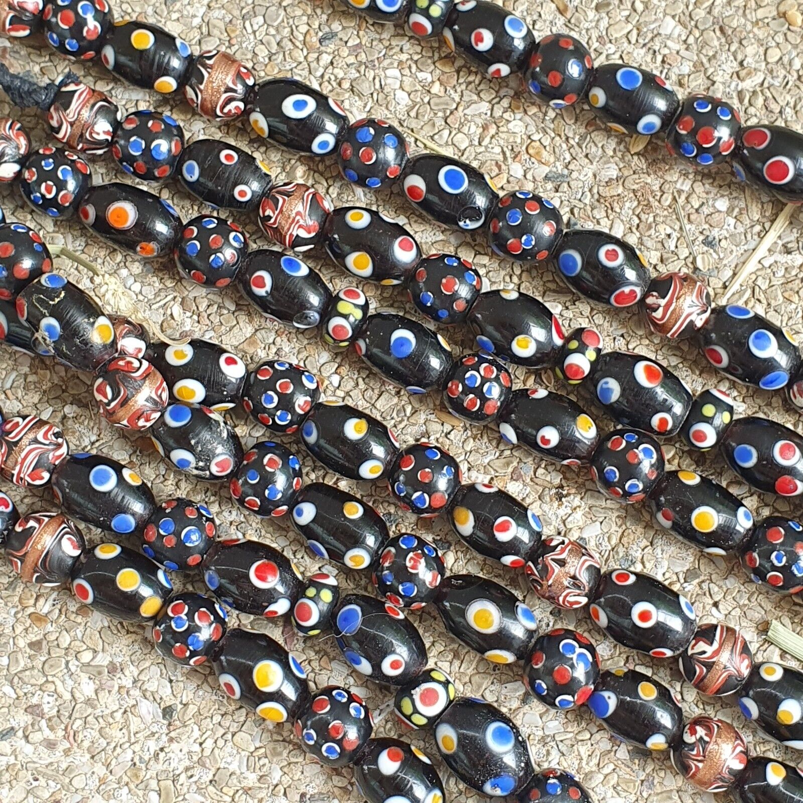 Venetian Style beads Old Chevron Skunk Dotted eyes Glass Beads Long Strand