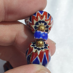Very Unique Vintage Venetian Style Old Blue Chevron Glass Beads Long Strand