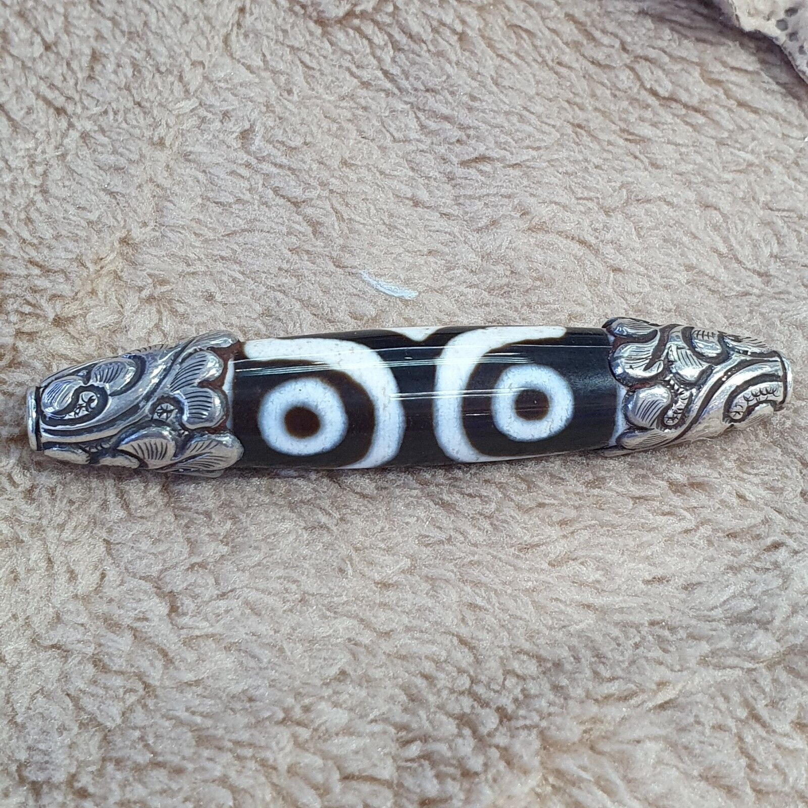 925 Sterling Silver 3 Eyes Tibetan Nepalese dzi bead Agate pendant