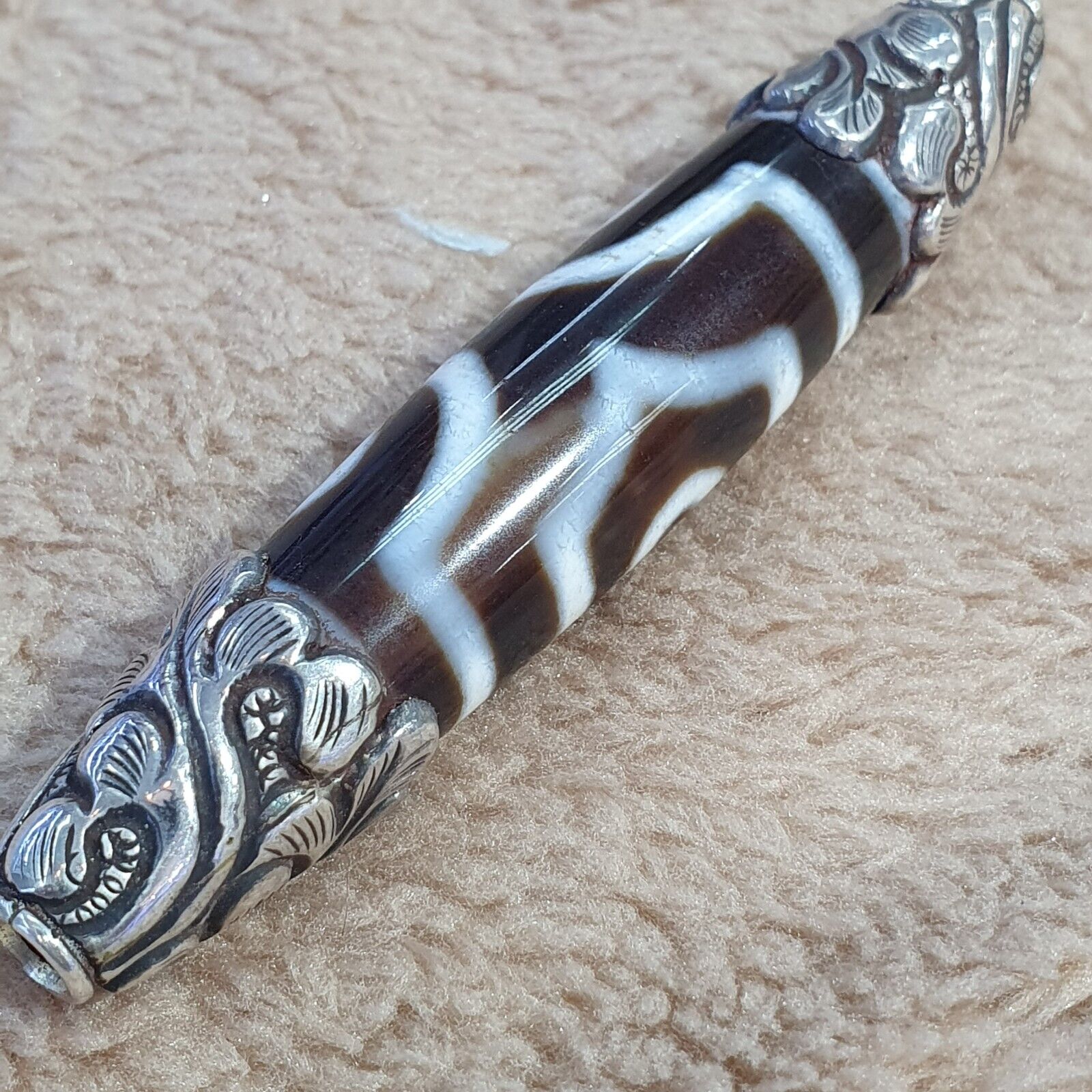 925 Sterling Silver 3 Eyes Tibetan Nepalese dzi bead Agate pendant
