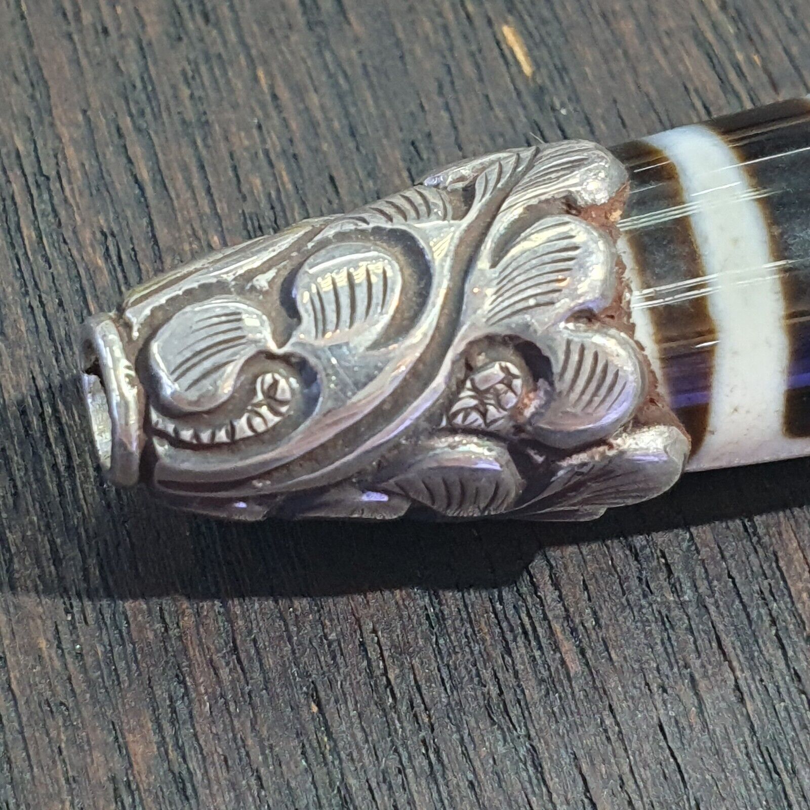 925 Sterling Silver 3 Eyes Tibetan Nepalese dzi bead Agate pendant