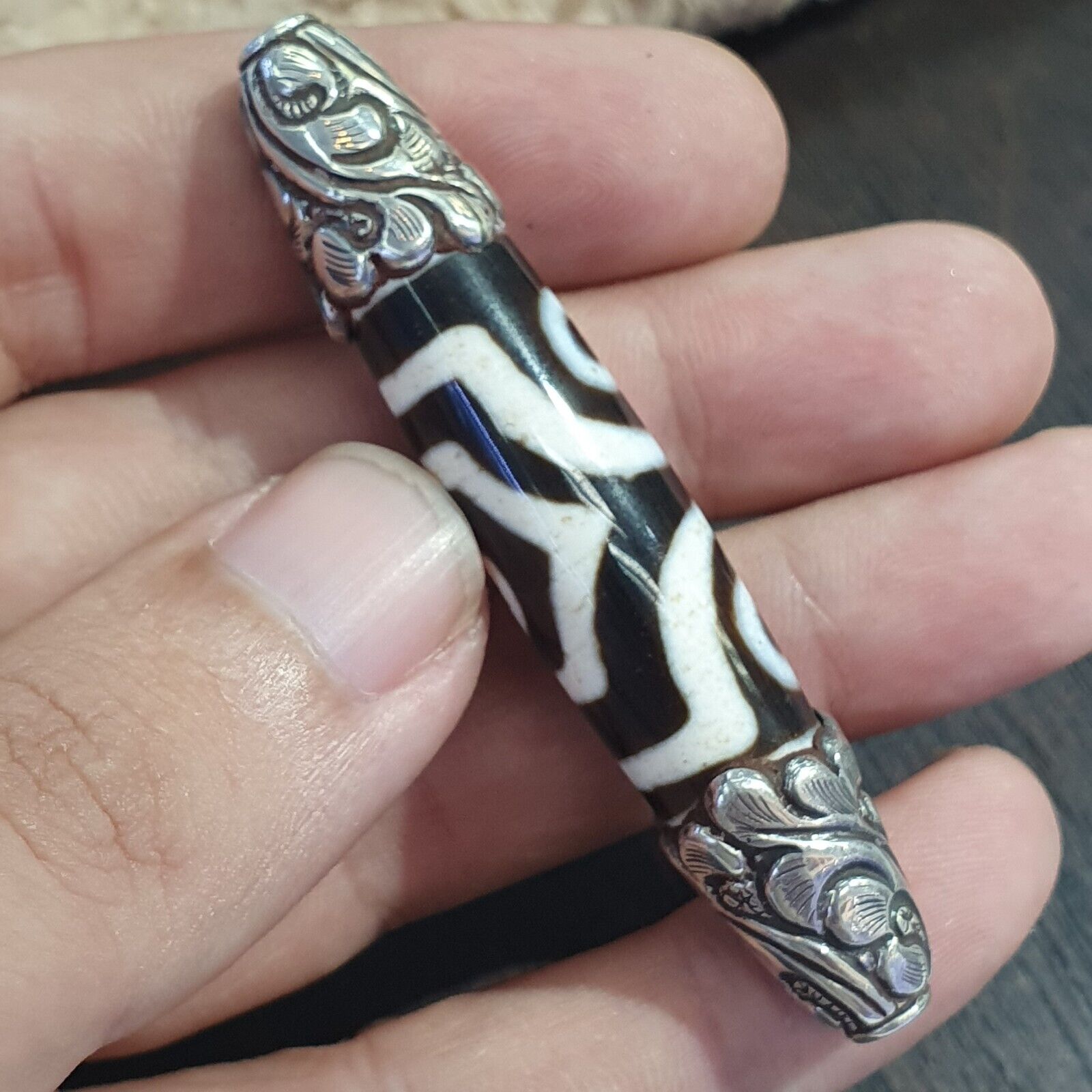 925 Sterling Silver 3 Eyes Tibetan Nepalese dzi bead Agate pendant