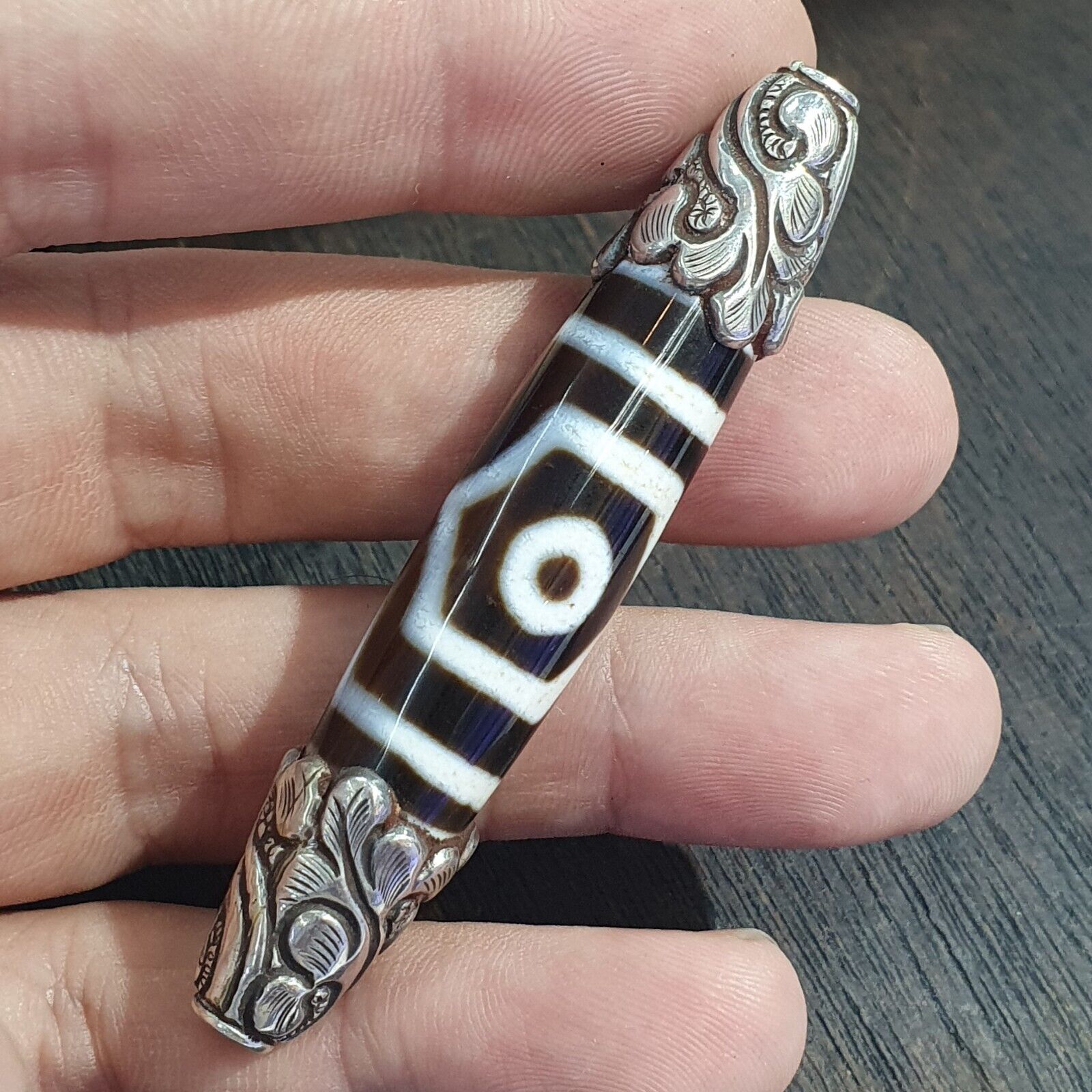 925 Sterling Silver 3 Eyes Tibetan Nepalese dzi bead Agate pendant