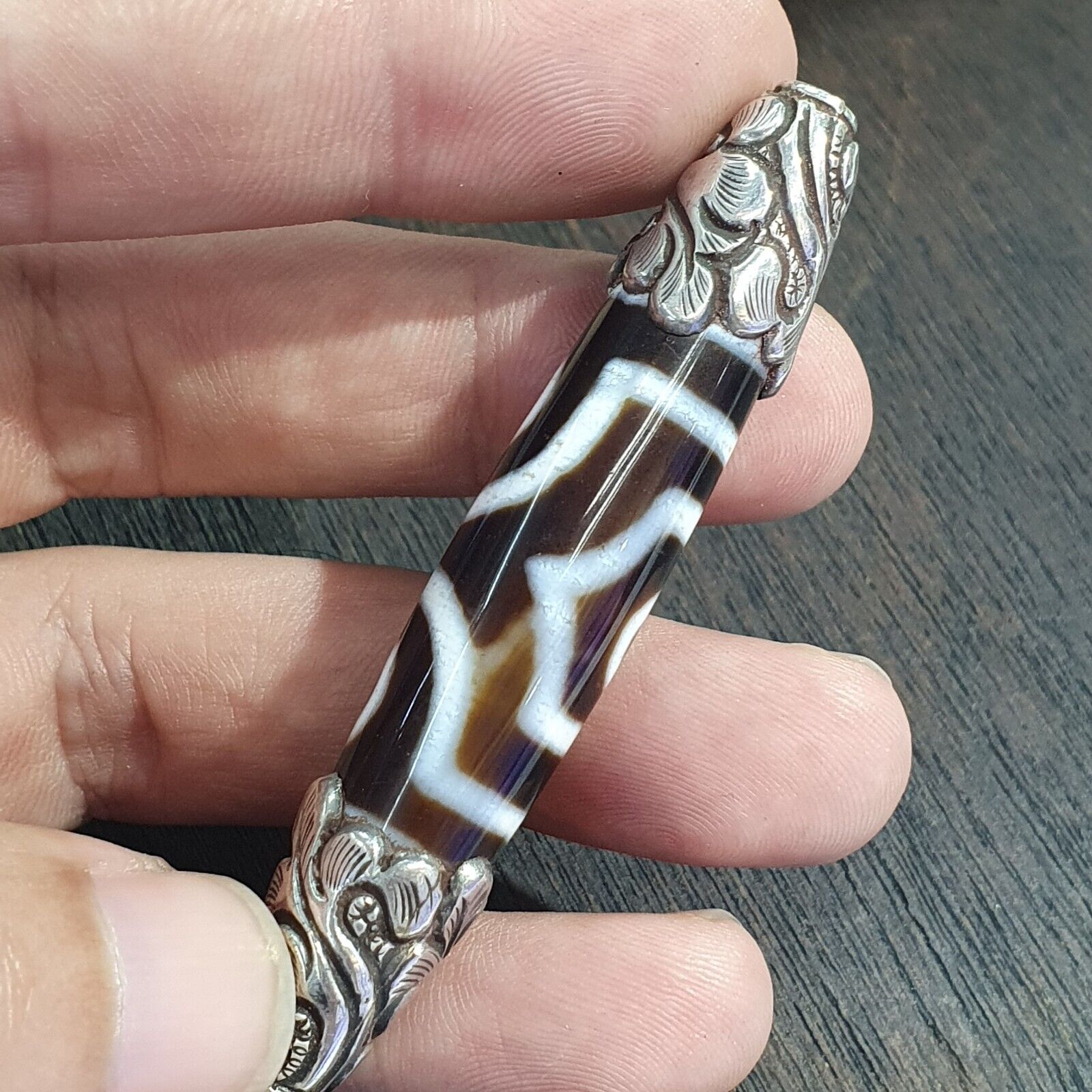 925 Sterling Silver 3 Eyes Tibetan Nepalese dzi bead Agate pendant