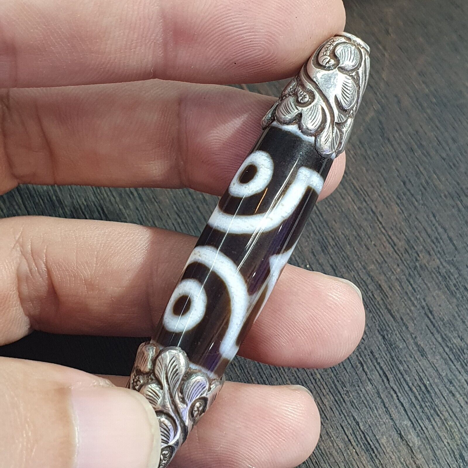 925 Sterling Silver 3 Eyes Tibetan Nepalese dzi bead Agate pendant