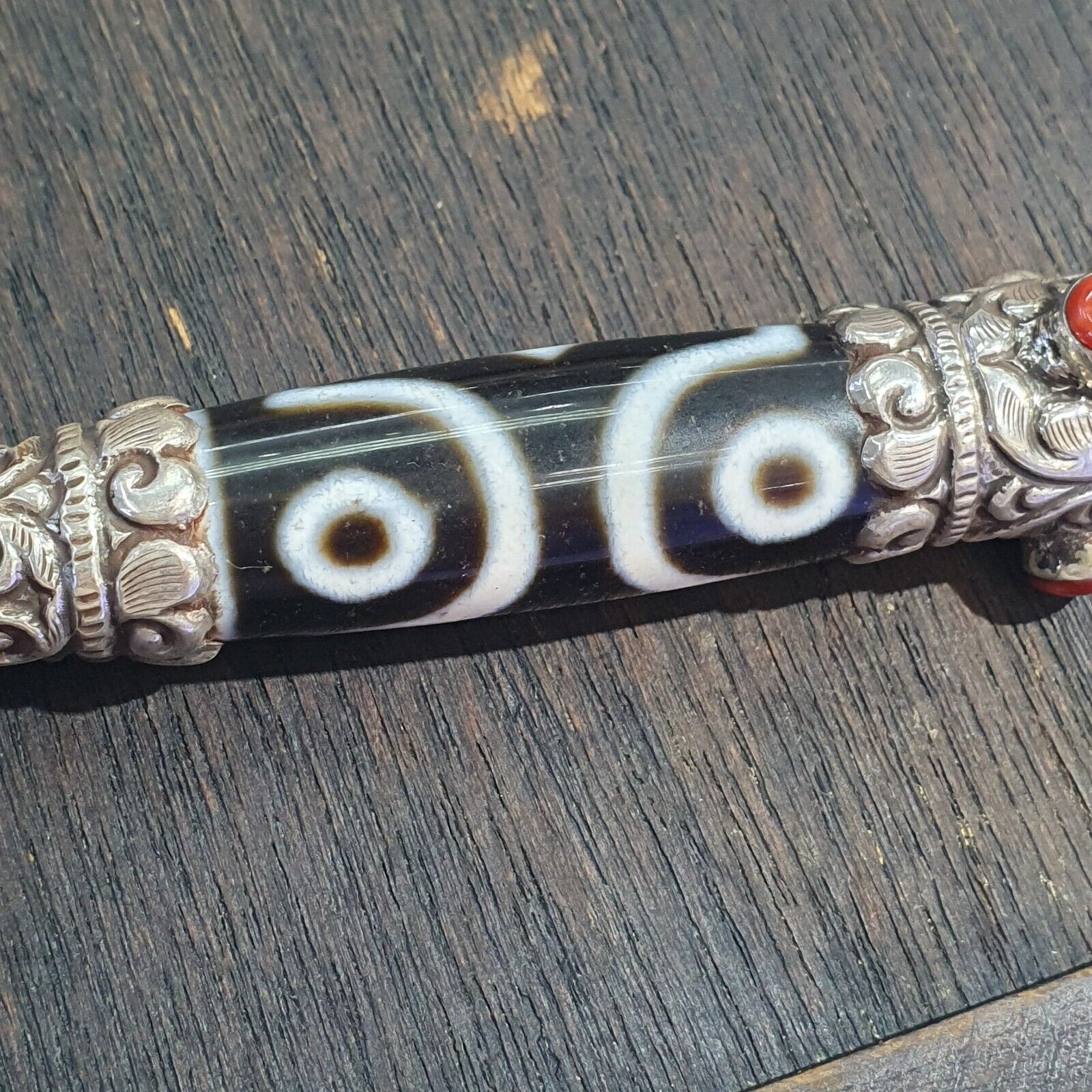 Coral 925 Sterling Silver 3 Eyes Tibetan Nepalese dzi bead Agate pendant