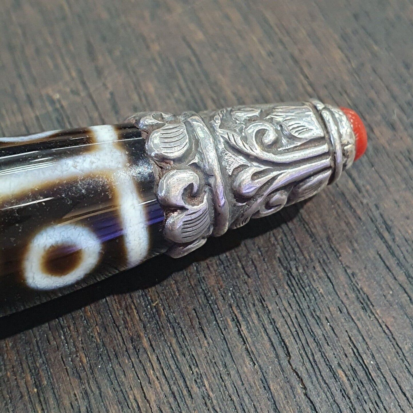 Coral 925 Sterling Silver 9 Eyes Tibetan Nepalese dzi bead Agate pendant