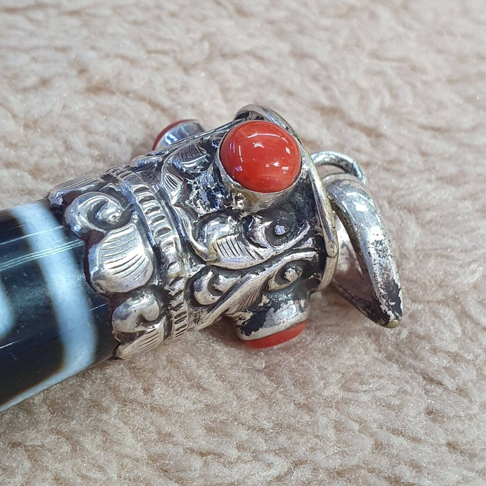 Coral 925 Sterling Silver 3 Eyes Tibetan Nepalese dzi bead Agate pendant