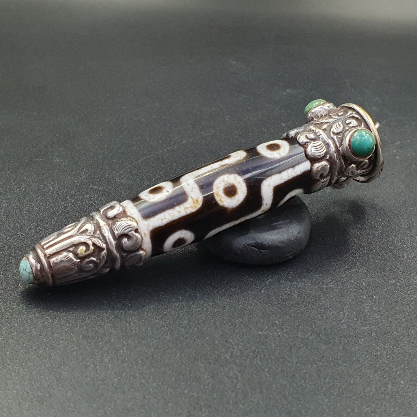Türkisfarbener 925er-Sterlingsilber-9-Augen-Anhänger aus tibetisch-nepalesischem Dzi-Perlen-Achat