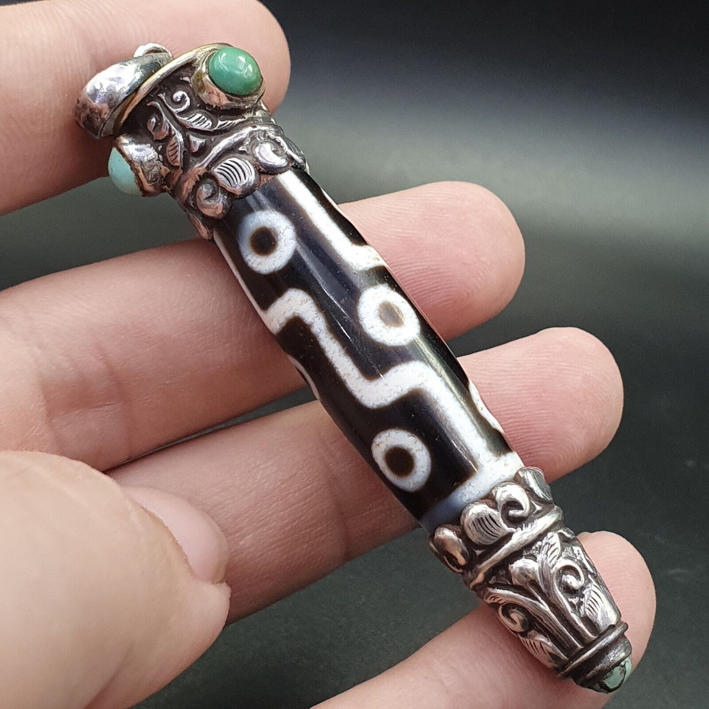 Türkisfarbener 925er-Sterlingsilber-9-Augen-Anhänger aus tibetisch-nepalesischem Dzi-Perlen-Achat