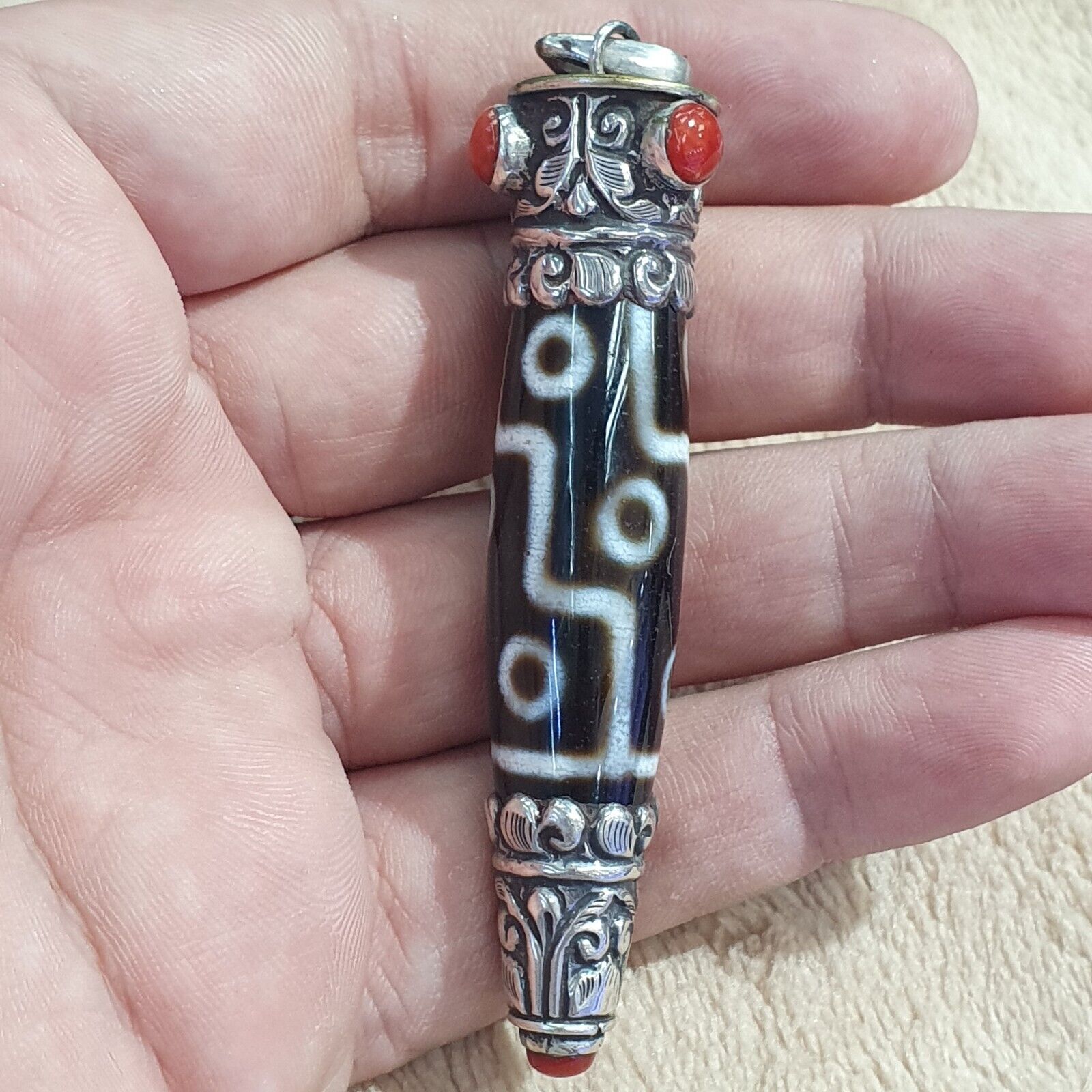 Coral 925 Sterling Silver 9 Eyes Tibetan Nepalese dzi bead Agate pendant