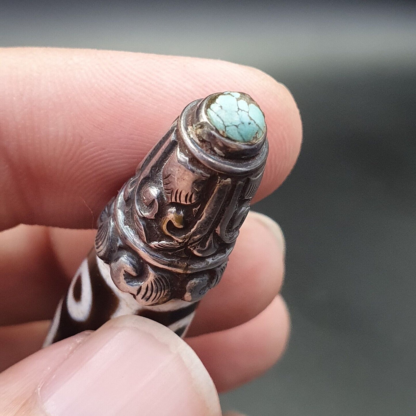 Türkisfarbener 925er-Sterlingsilber-9-Augen-Anhänger aus tibetisch-nepalesischem Dzi-Perlen-Achat