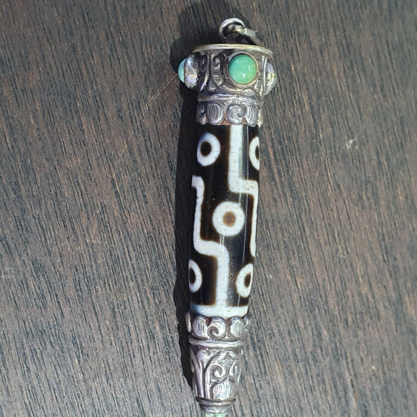 Türkisfarbener 925er-Sterlingsilber-9-Augen-Anhänger aus tibetisch-nepalesischem Dzi-Perlen-Achat