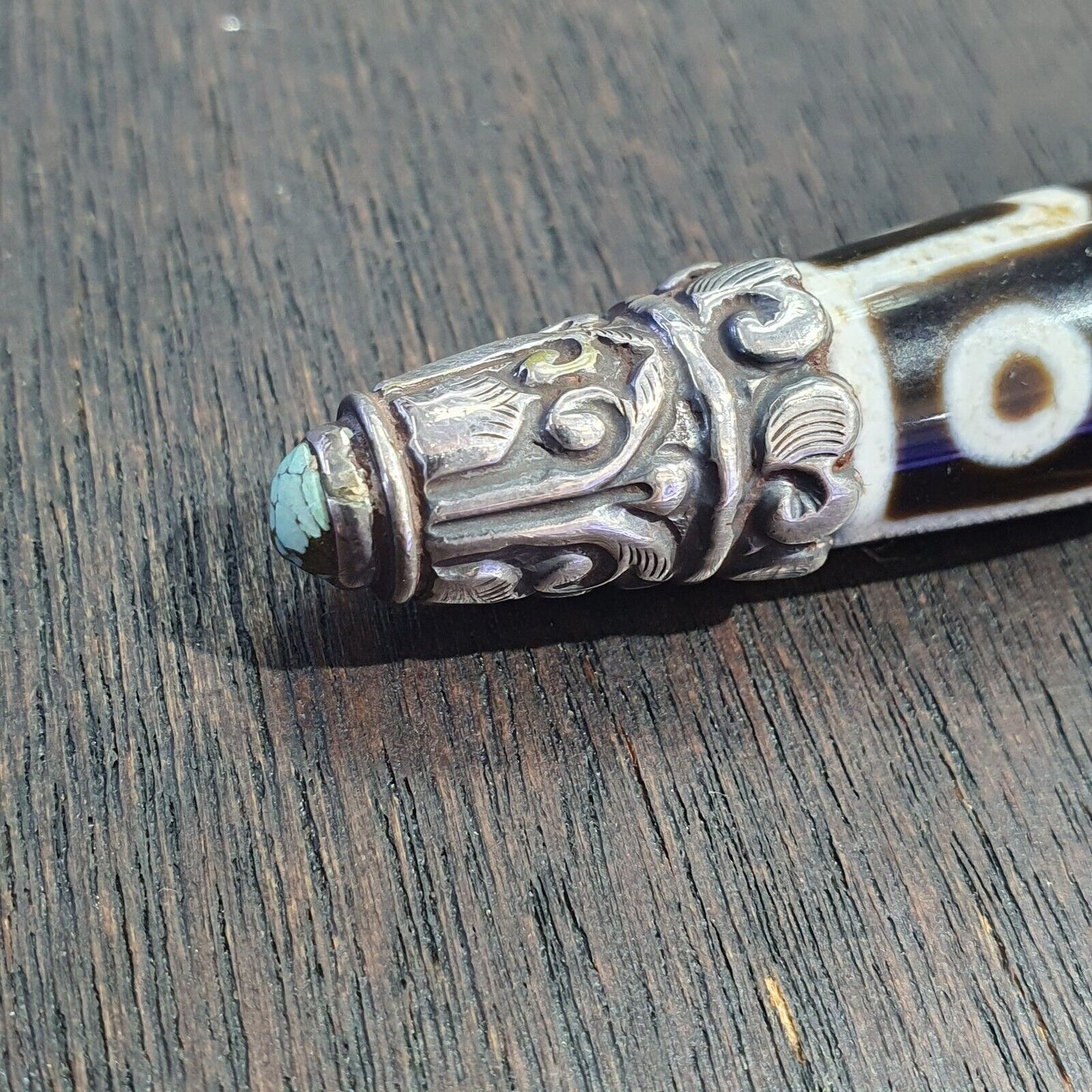 Türkisfarbener 925er-Sterlingsilber-9-Augen-Anhänger aus tibetisch-nepalesischem Dzi-Perlen-Achat