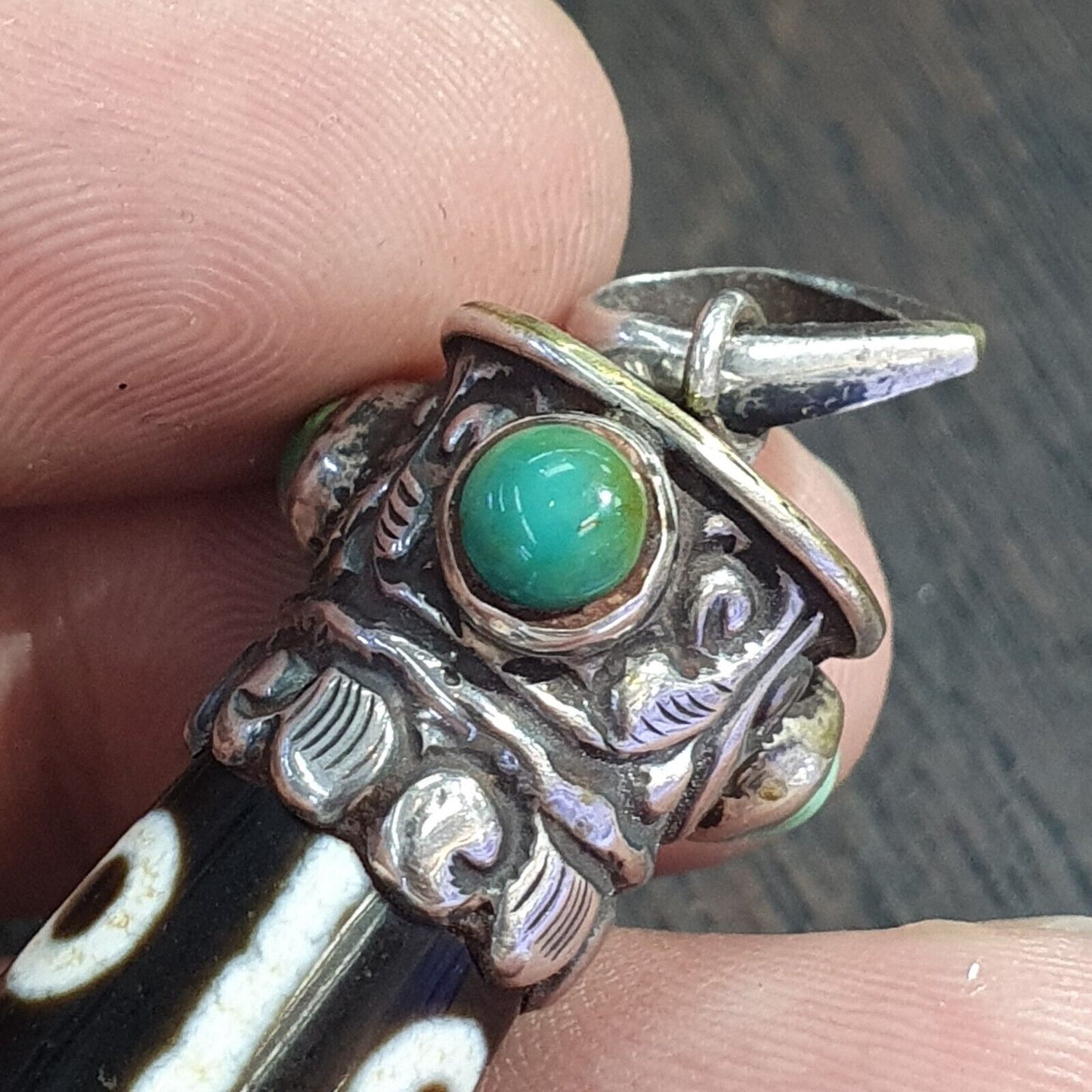 Türkisfarbener 925er-Sterlingsilber-9-Augen-Anhänger aus tibetisch-nepalesischem Dzi-Perlen-Achat
