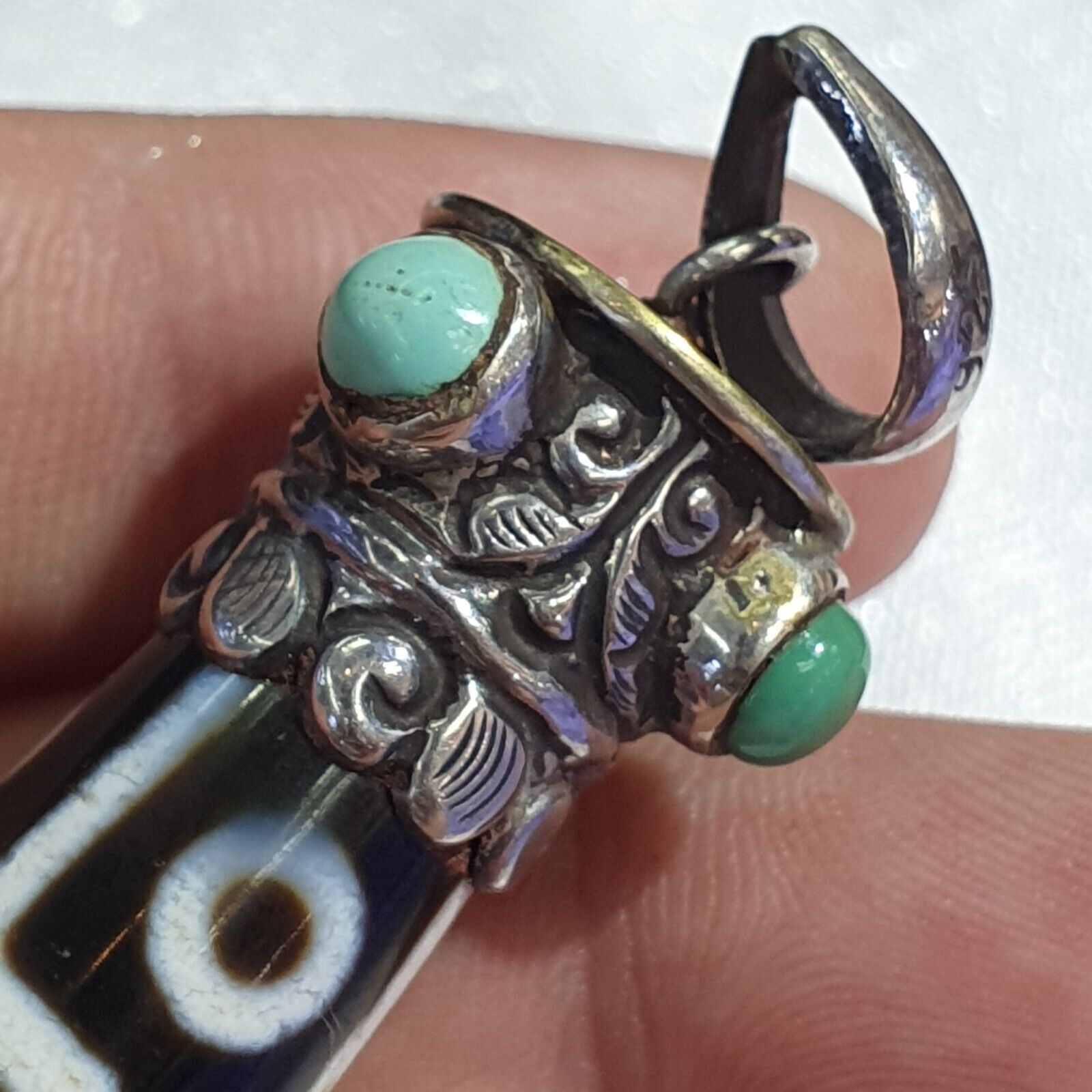 Turquoise 925 Sterling Silver 9 Eyes Tibetan Nepalese dzi bead Agate pendant