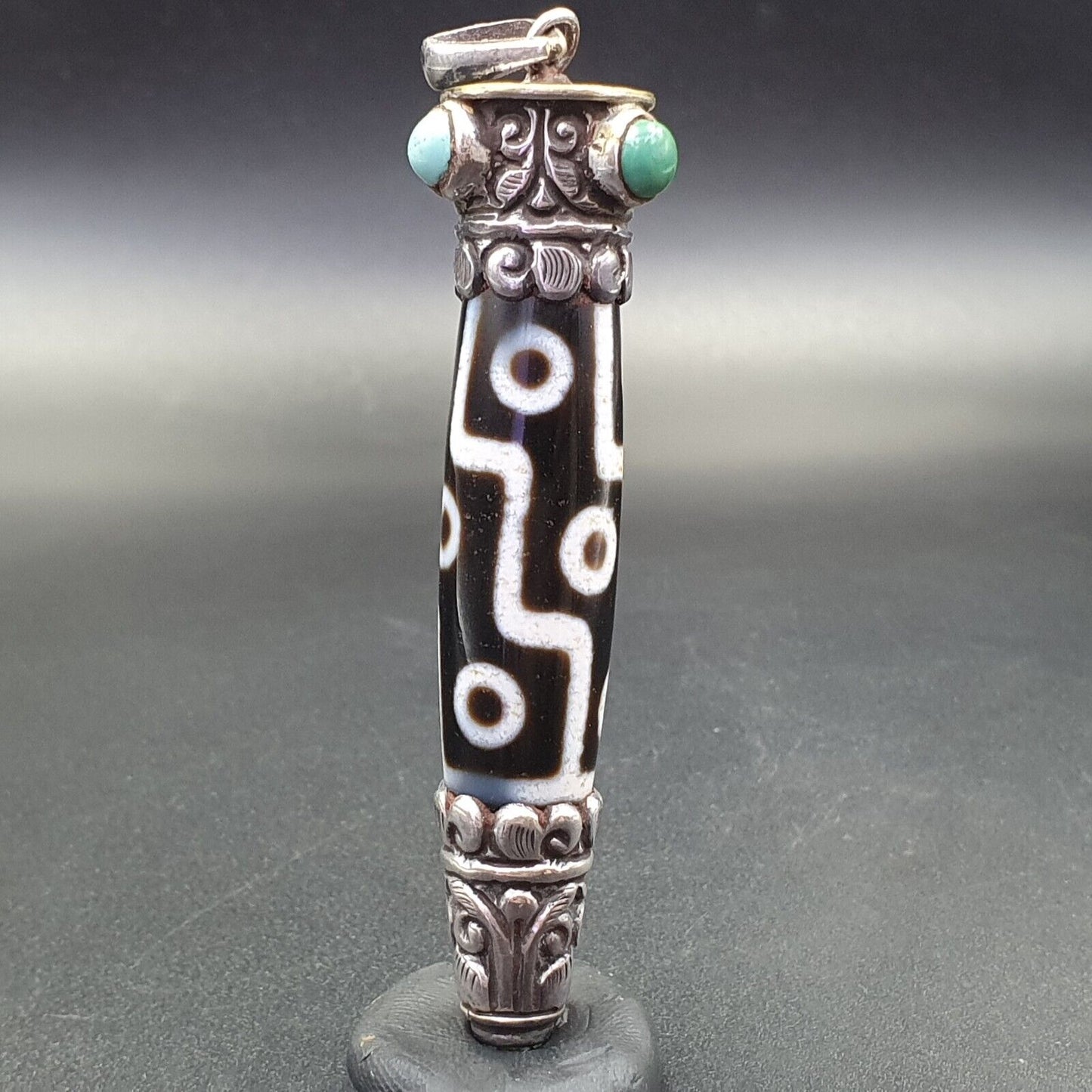 Türkisfarbener 925er-Sterlingsilber-9-Augen-Anhänger aus tibetisch-nepalesischem Dzi-Perlen-Achat