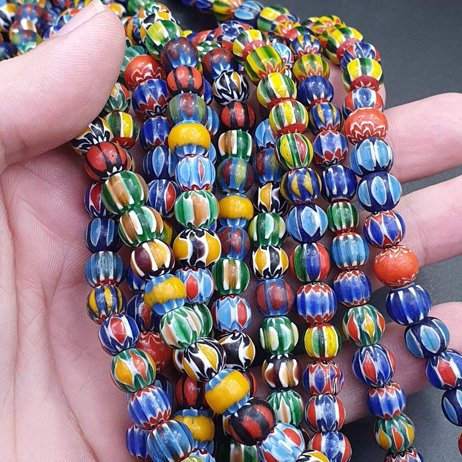 Vintage Venetian African Style Glass Chevron 8.5-9mm Beads Long Strand