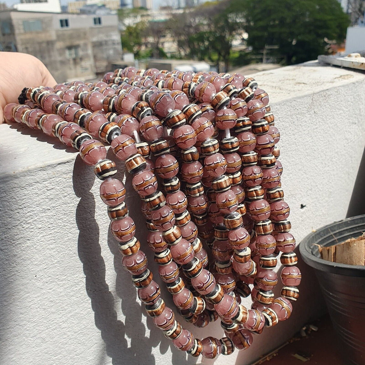 Vintage Aventurine Millefiori Black pink Fancy glass beads 13mm 24" Necklace