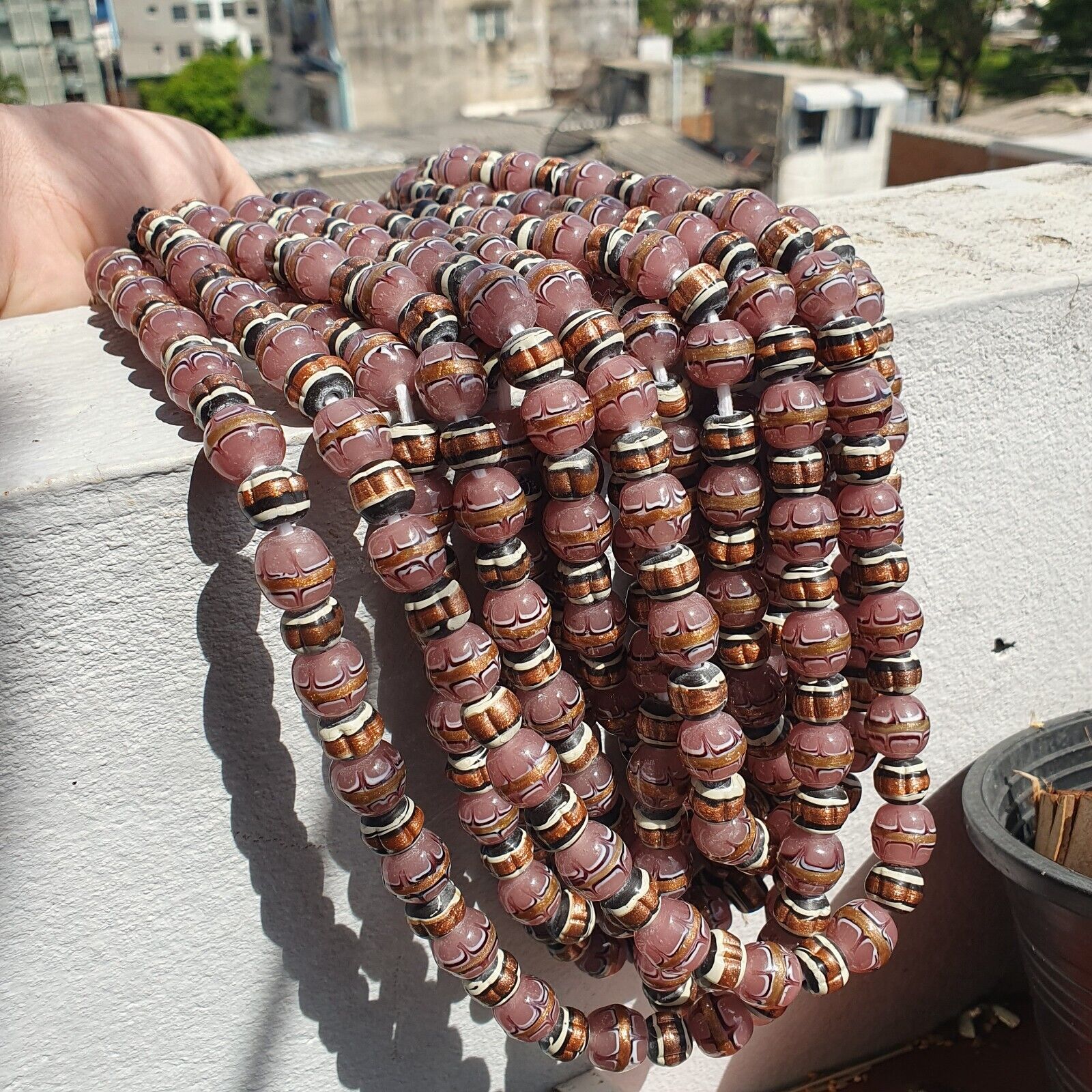 Vintage Aventurine Millefiori Black pink Fancy glass beads 13mm 24" Necklace