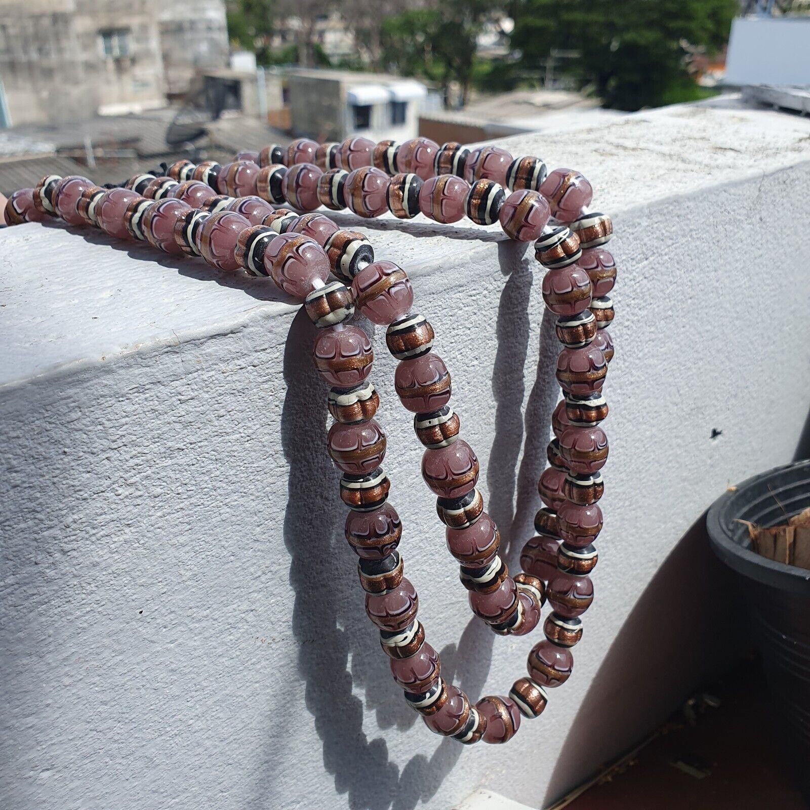 Vintage Aventurine Millefiori Black pink Fancy glass beads 13mm 24" Necklace
